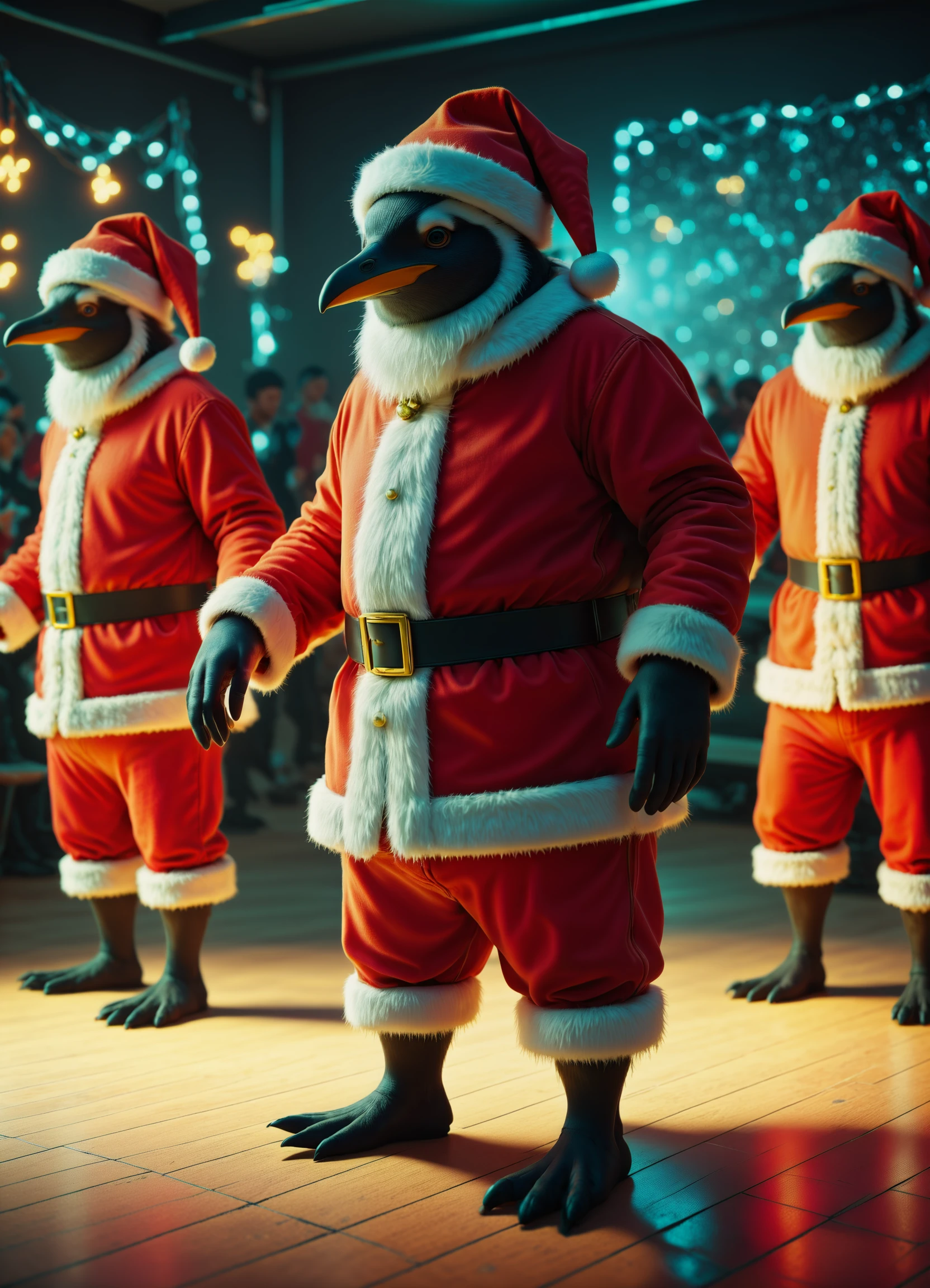 <lora:Santa_Penguin_SDXL:1> s4nt4p3ngu1n, santa hat,santa suit, at a (dance party:1.5) <lora:envyStarlight_v10:0.8> <lora:add-detail-xl:1> <lora:sss:0.8> subsurface scattering, sss <lora:FuturisticInteriorStyle:0.8> Jed-FutInt, Futuristic