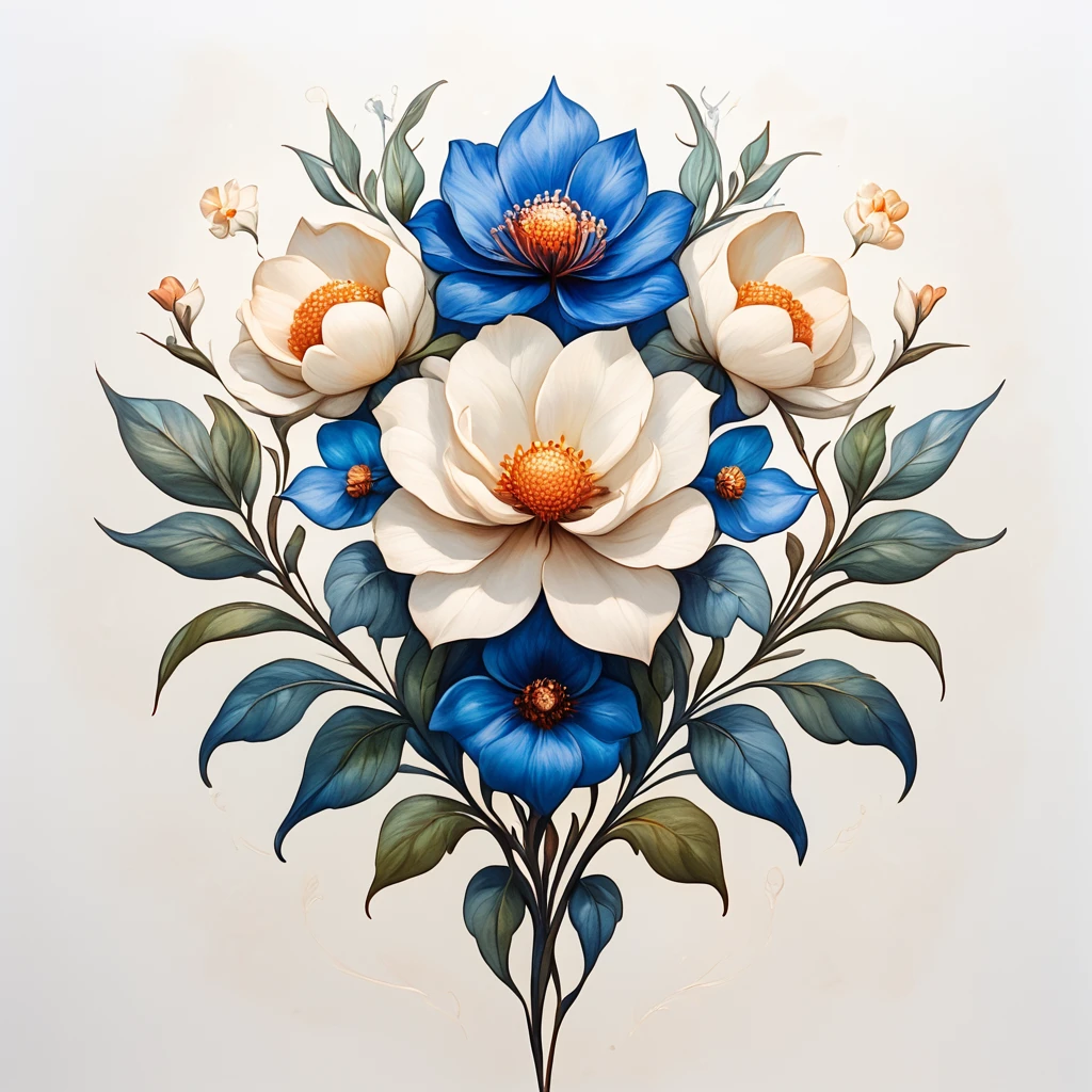 Score_9, score_8_up, score_7_up, score_6_up, BREAK  <lora:ArtNouveau2Pony:1> ArsMJStyle, art nouveau,, The image shows a painting of a flower mandala on a white background created by artist Sarah B., flower, still life, no humans, leaf, white background, simple background, round image, blue flower, white flower, peony (flower)