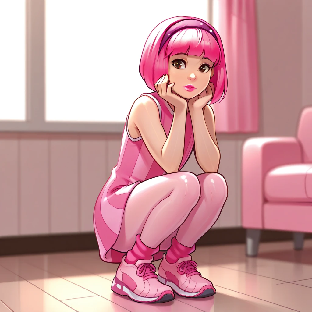 masterpiece, best quality, Stephanie, high quality, 1girl, solo, pink hair, short hair, brown eyes, lipstick, headband, striped dress, sleeveless, pantyhose, pink socks, pink shoes,     <lora:Stephanie_LazyTown_ClipArt_illustrious_Leaf1:1>, depth of field, indoors, squatting,