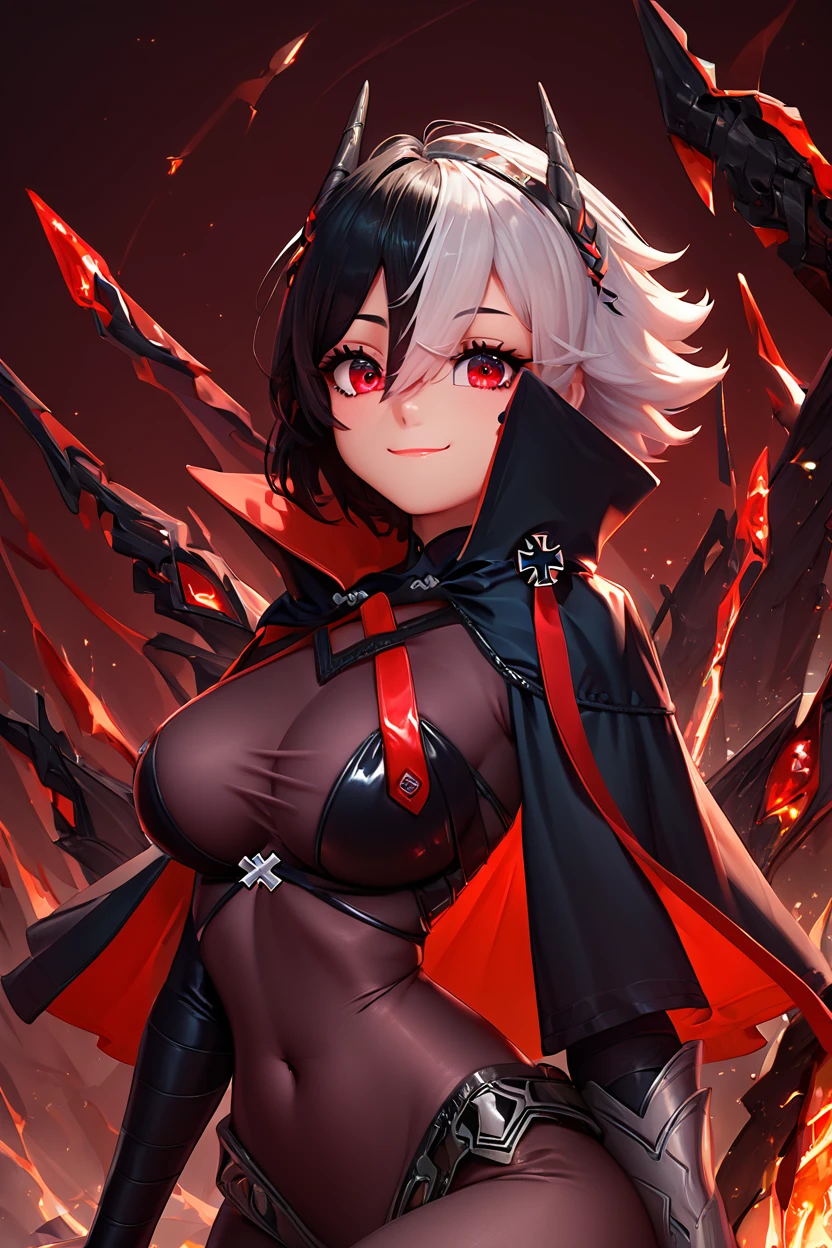 (Masterpiece, Side Light, Fine Beautiful Eyes: 1.2), (Masterpiece * Portrait), Portrait, (Bust), Realistic, Anatomically Correct, 3D Face, Sweet Skin, (Solo), Highlights, Gradient Hair, (Close-up of Face), Cute Face, (Fire Opal General Scarlet Eyes), Hanging Corner of the Eye, ((High Detail Skin, Visible Pores)), (Perfect Figure), A Beautiful Girl, Small Tits, ((Lolita Style Coat)), (Neck Ring), Very, Very Short Short Glove, (chain)