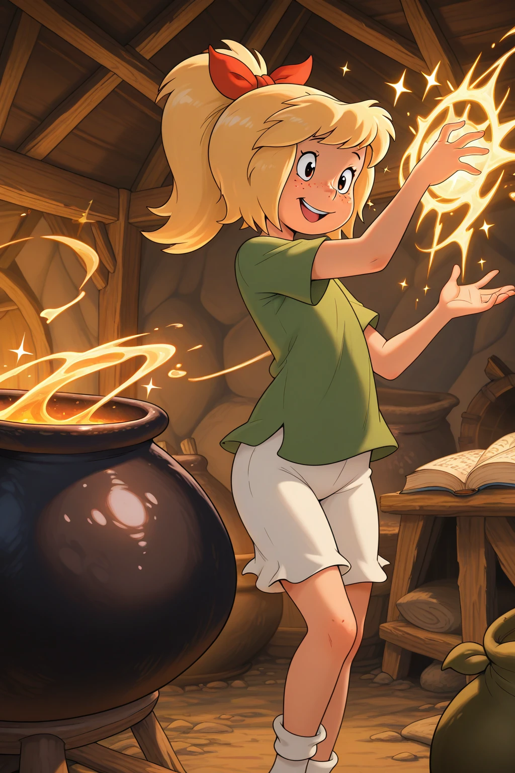 masterpiece, best quality, amazing quality, absurdres, solo, bibi blocksberg, smile, open mouth, happy, blonde hair, red ribbon, freckles, high ponytail, green shirt, white shorts, white socks, inside, hut, cauldron, boiling, casting spell, sparkle, big book