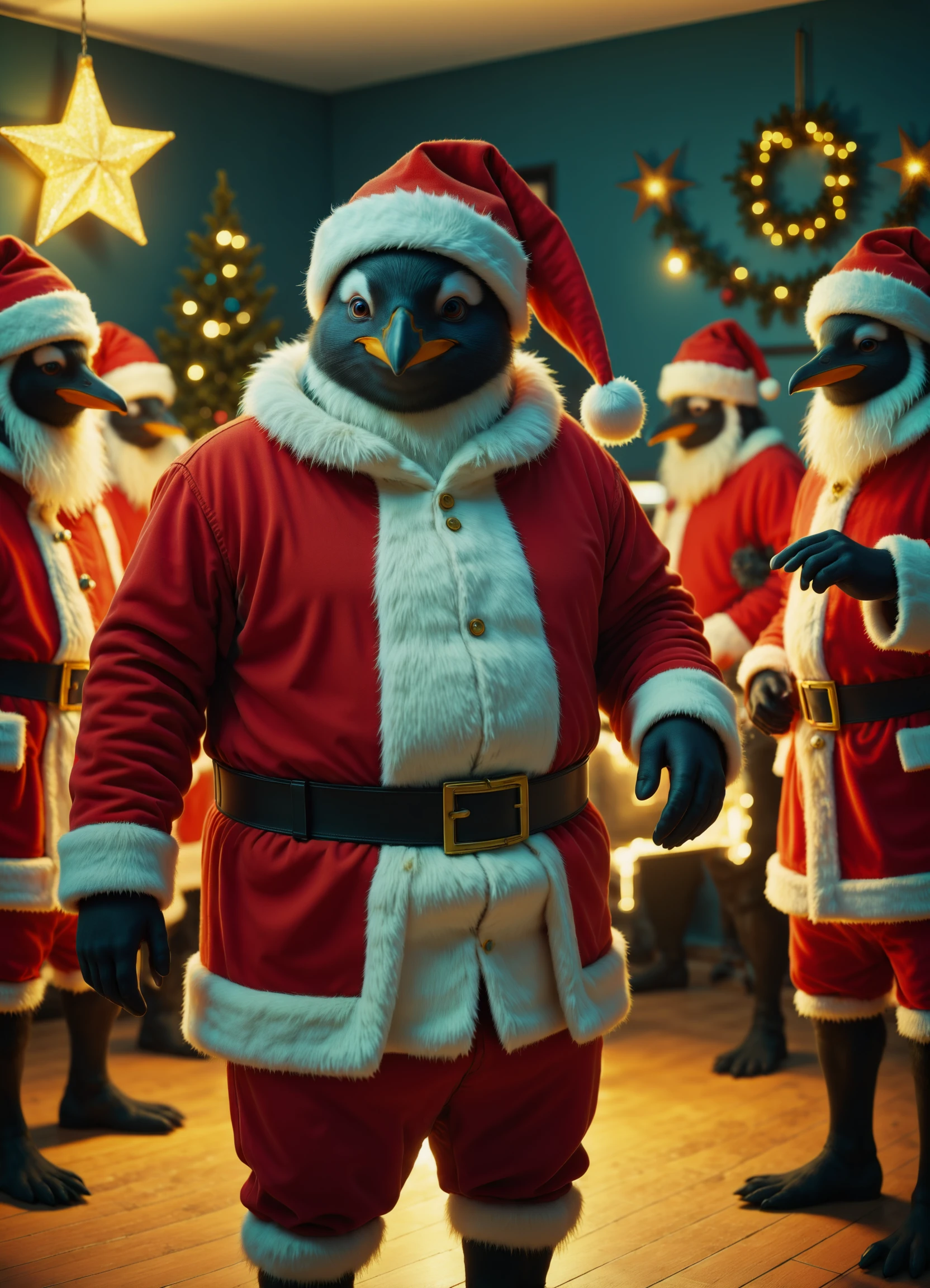 <lora:Santa_Penguin_SDXL:1> s4nt4p3ngu1n, santa hat,santa suit, at a (dance party:1.5) <lora:envyStarlight_v10:0.8> <lora:add-detail-xl:1> <lora:sss:0.8> subsurface scattering, sss