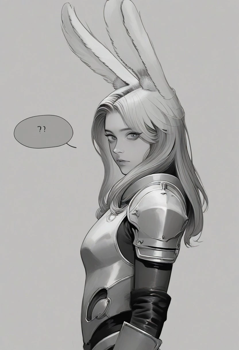 score_9, score_8_up, score_7_up, score_6_up, score_5_up, score_4_up, Lineart, monochrome, greyscale,bodysuit, looking at viewer, solo, grey background, long hair, spoken question mark, simple background, short hair, gloves, rabbit ears, from side, rabbit girl, armor, ..., holding,