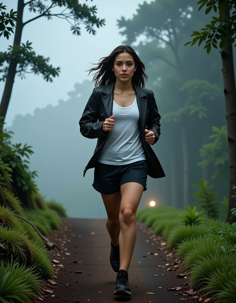 full body long shot: a Madeiran young woman (jogs:1.2) through the fog or mist with a (reserved:1.2) expression, 35mm lens, natural lighting, clearly defined facial features, sharp background, deep depth of field, (rim lighting:1.4), full body long shot: a Madeiran young woman (jogs:1.2) through the fog or mist with a (reserved:1.2) expression, 35mm lens, natural lighting, clearly defined facial features, sharp background, deep depth of field, (rim lighting:1.4), cinematic atmosphere, glowing, rich colors, intricate, elegant