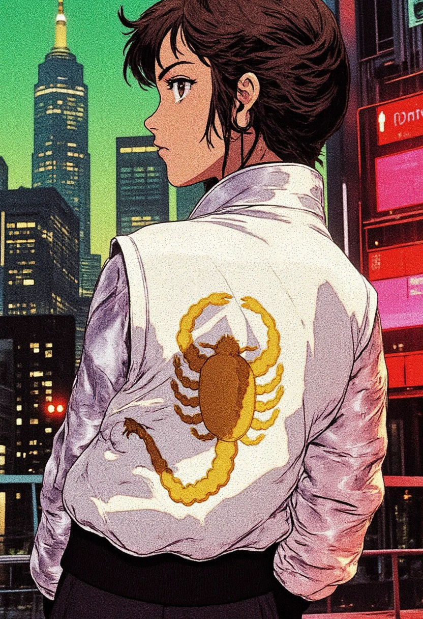 retro anime image of a cyborg girl with a metallic body with a white bomberjacket with a gold scorpion. Sideview. Epic background of a lime green and magenta metropolis at night. literallyme