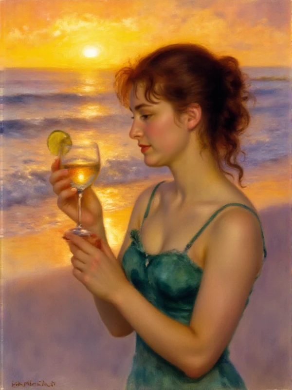 <lora:Renoir_style:0.9> renoir style, a woman holds a cocktail on the beach at sunset