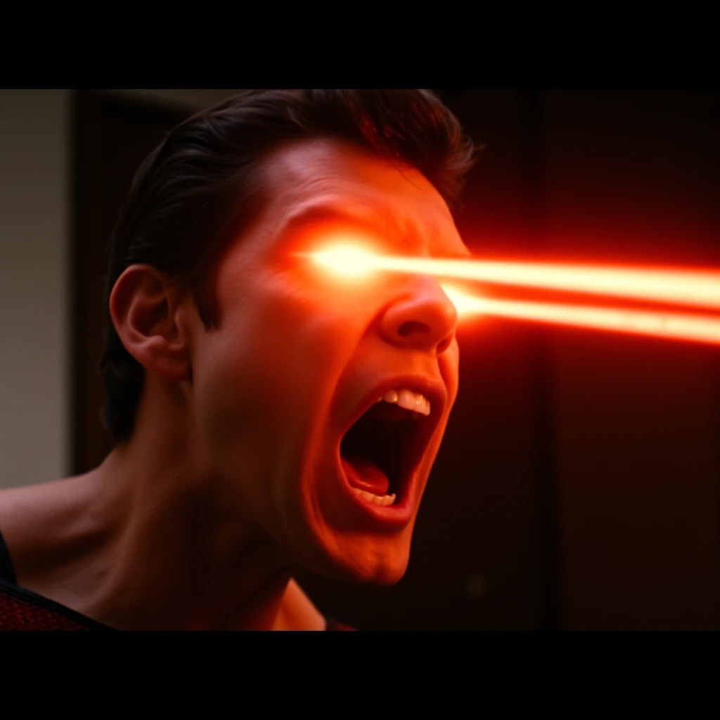 UHD, 4k, ultra detailed, cinematic, a photograph of  <lora:Heat Vision style v1:0.9>
A Heat Vision of a man is screaming with his mouth open and releasing laser beams of red heat from both eyes, solo,open mouth,1boy,male focus, letterboxed, realistic , cinematic, comic book, film, real, movie, flame vision, superpower, beams of heat, optics blast, Heat Vision  style, side view, closeup, epic, beautiful lighting, inpsiring