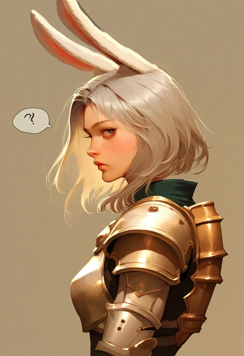 score_9, score_8_up, score_7_up, score_6_up, score_5_up, score_4_up,bodysuit, looking at viewer, solo, grey background, long hair, spoken question mark, simple background, short hair, gloves, rabbit ears, from side, rabbit girl, armor, ..., holding,