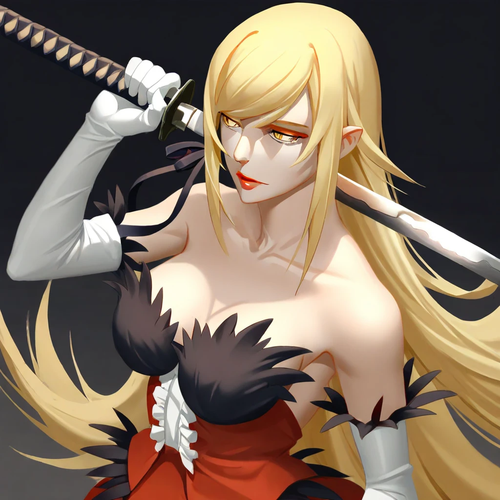 kiss-shot_acerola-orion_heart-under-blade, yellow eyes, long hair, blonde, weapon, holding weapon, sword, katana, dress, elbow gloves, gloves, upper body