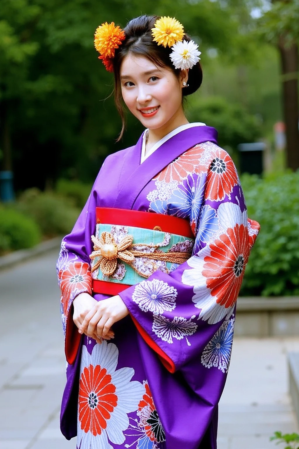 This image shows a woman dressed in a traditional Japanese kimono. The kimono is vibrant and intricately designed, featuring bold floral patterns in rich colors such as purple, red, and blue, along with touches of gold and white. She is accessorized with a decorative obi belt around her waist, tied in an elegant fashion.
Her hair is styled neatly, adorned with colorful floral ornaments, including yellow and white flowers, which add to her festive and traditional appearance. She is standing outdoors in what seems to be a serene, natural setting, possibly a garden or a park, with greenery and a stone pathway visible in the background.
Her expression is calm and pleasant, with a gentle smile, which conveys grace and poise. The overall atmosphere of the image suggests a celebratory or formal occasion, perhaps a festival, a cultural event, or a special ceremony.., <lora:flux_realism_lora:1>, <lora:makinaflux_tsuchiyatao_v1.0:1>