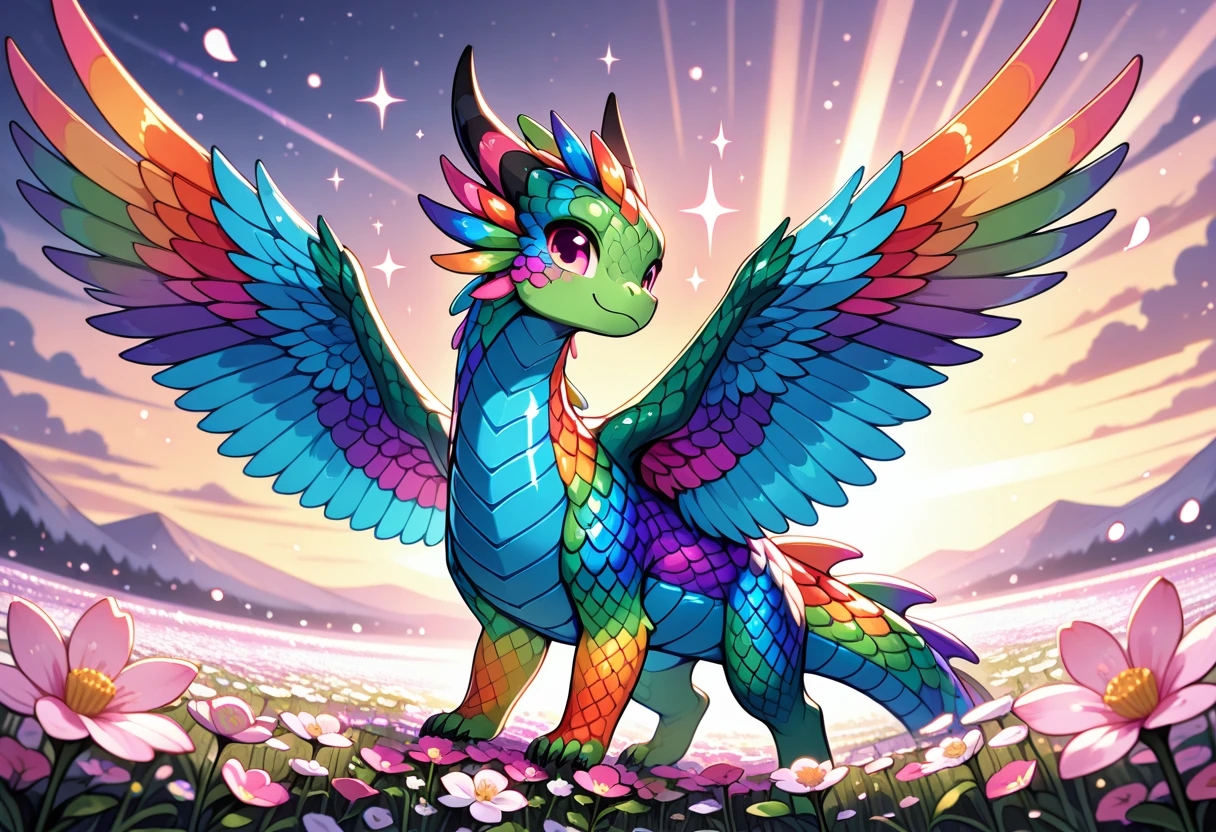 (masterpiece),(best quality),(ultra-detailed),very aesthetic,absurdres,  newest,scenery,
<lora:Chibi_Dragon_Illustrious:1>, ch1b1_dr4g0n, rainbow dragon, rainbow scales, blue underbelly, feathered wings, pink eyes, looking at viewer
flower field, flower petals, evening, sunbeam
bloom, bokeh, (sparkle:1.3),
(masterpiece),(best quality),(ultra-detailed),very aesthetic,absurdres,  newest,scenery