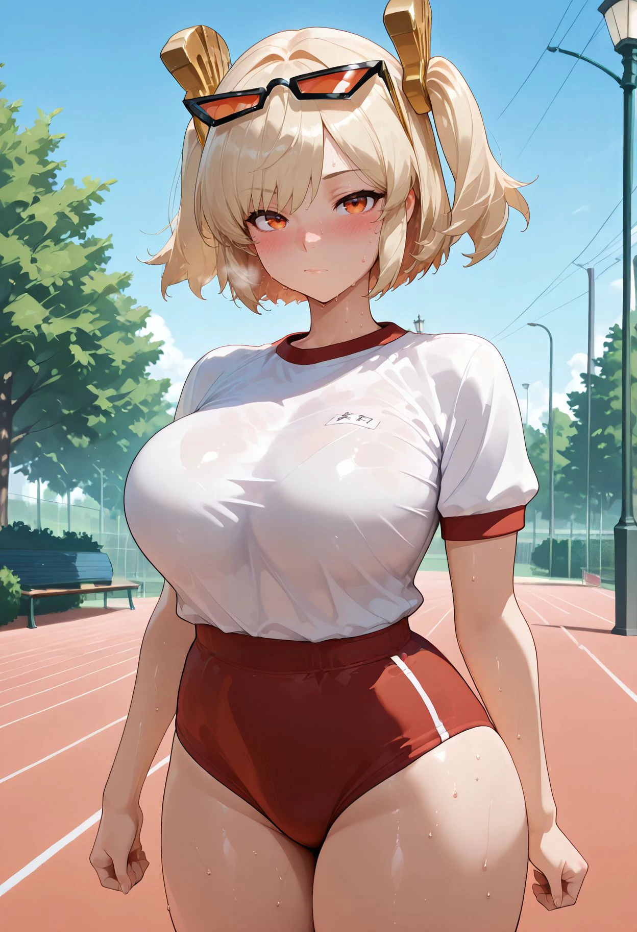 masterpiece,best quality,amazing quality,<lora:burnice_white_zzz_illustrious_goofy:1> burnicezzz, 1girl, taut clothes, shirt tucked in, gym uniform, outdoors, white shirt, looking at viewer, sweat, closed mouth, lamppost, cowboy shot, short twintails, sunglasses, thighs, bush, glasses, blush, standing, red buruma, short sleeves, day, gym shirt, tree, blue sky, taut shirt, park bench