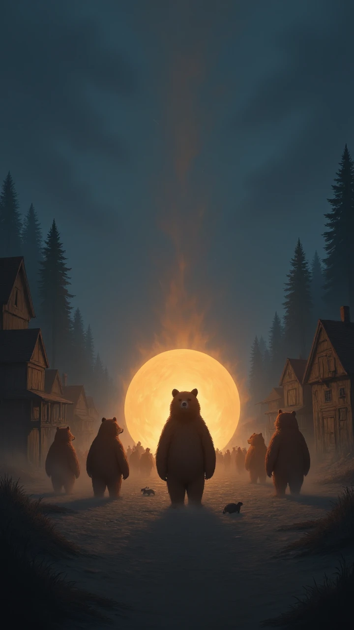 dark anime, landscape of a group of grizzly bears gather around a large, glowing orb in the middle of a deserted town. The sky is dark and gray, aidmaIllustriousStyle