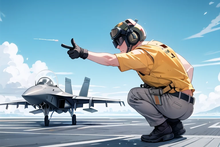 ((male focus)), ((one knee)), ((helmet)), ((goggles)), aircraft carrier, catapult officer, pointing forward, hand on own hip, 1boy, kneeling, pants, vest, gloves, short hair, leaning forward, ship deck, control tower, from side, cloudy sky, sky, scenery, wide shot, no humans, motion blur, simple background, <lora:girllikeaircraftcarrier_male:0.7>