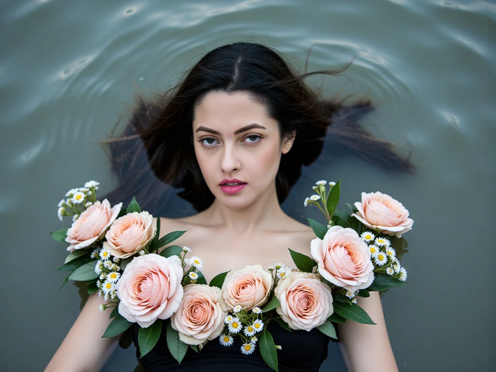 riyasenukohwx with pale skin, and dark eyeliner, is submerged in water. she is wearing a black skirt  Her expression is contemplative and slightly melancholic, as she gazes downward.  The subject is adorned with a bouquet of delicate, somewhat faded, pink roses and white daisies, creating a floral wreath around her shoulders and upper chest.  The flowers are interspersed with greenery, creating a natural, ethereal quality to the scene. The water is a muted gray-blue color, reflecting the surroundings and creating a soft, diffused light. The lighting is subdued; soft and natural with a focus on the subject.  The camera angle is a slightly low-angle close-up, emphasizing the floral arrangement's details and the subject's thoughtful posture.  Her composition is centered within the frame, drawing the viewer into the scene.  The overall mood is wistful and poetic, evoking feelings of serenity and introspection. The textured appearance of the water adds a subtle depth to the image,  creating interest and captivating details.  There is a sense of fragility. The style evokes a romantic, delicate, and ethereal atmosphere, reminiscent of painterly watercolors.

