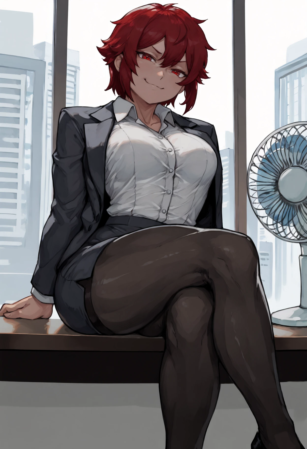 masterpiece, best quality, 1girl, toned, covered abs,
red hair, short hair, red eyes, tomboy,
office lady, black pantyhose looking at viewer, smug, toned, sitting, crossed legs, sitting on table, indoors, office, window, cityscape, electric fan,
<lora:aizwtm_idxl_EliPot:1>