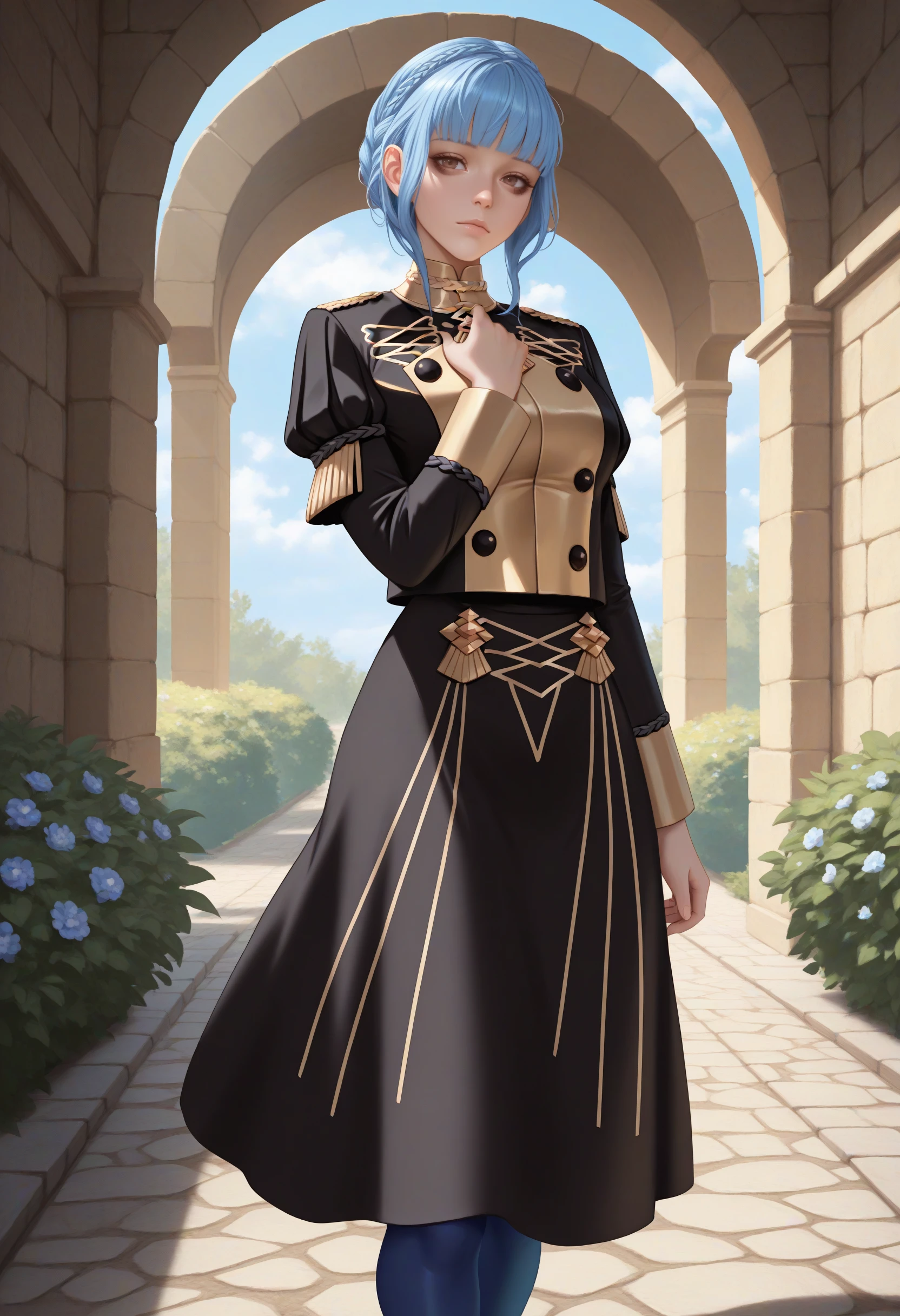 masterpiece, best quality, realistic, solo, 1girl, mrnedef, expressionless, looking at viewer, standing, hand on own chest, short hair, blue hair, sidelocks, blunt bangs, crown braid, brown eyes, bags under eyes, garreg mach monastery uniform, black jacket, epaulettes, buttons, juliet sleeves, long skirt, black skirt, blue pantyhose, arch, blue sky, cloud, bush, flower, cobblestone path, sunlight
<segment:yolo-Anzhc Face seg 640 v2 y8n.pt,0.4,0.5//cid=1>