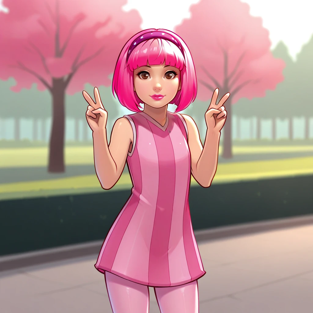 masterpiece, best quality, Stephanie, high quality, 1girl, solo, pink hair, short hair, brown eyes, lipstick, headband, striped dress, sleeveless, pantyhose, cowboy shot,     <lora:Stephanie_LazyTown_ClipArt_illustrious_Leaf1:1>, depth of field, outdoors, double v,