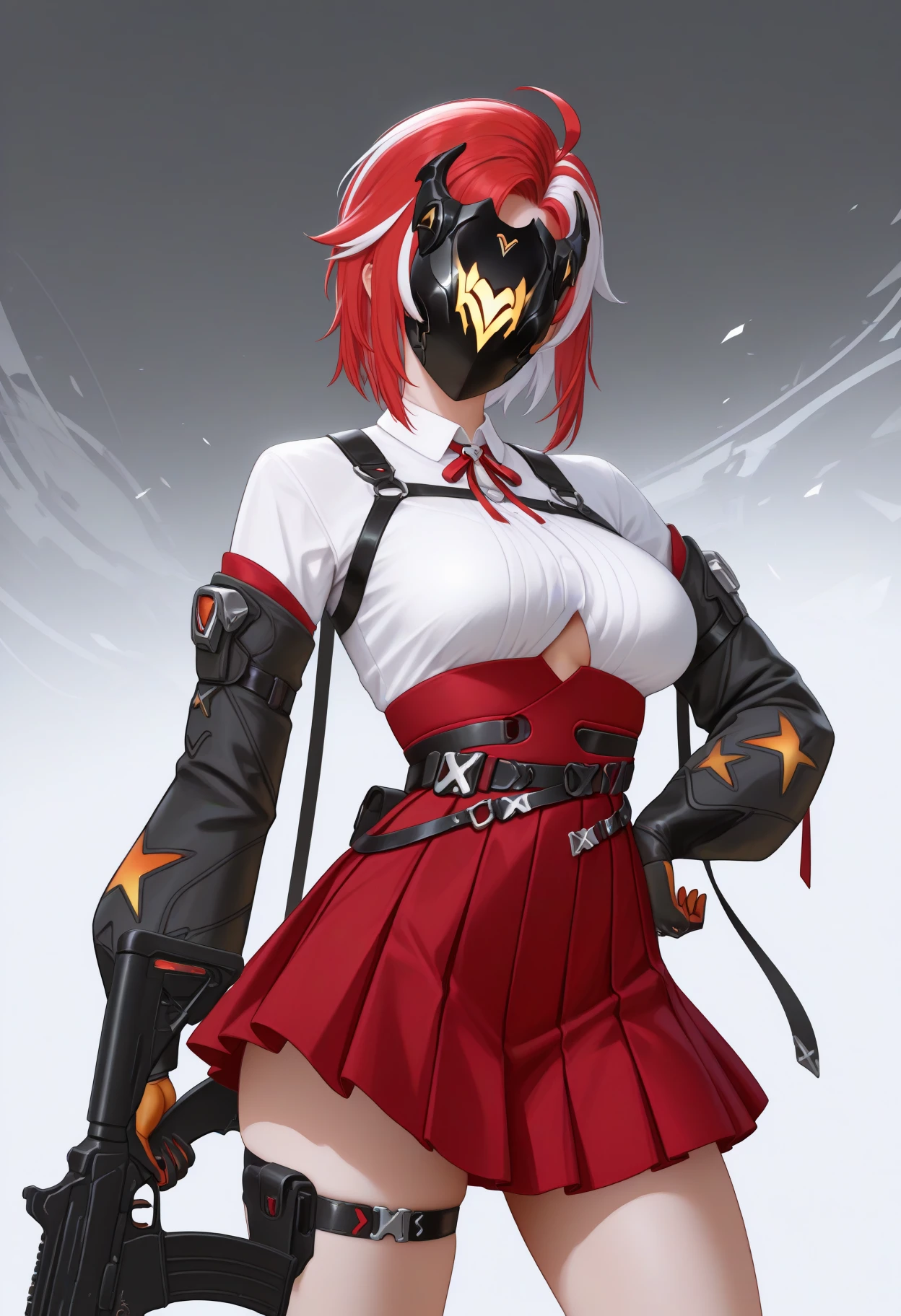 masterpiece, best quality, realistic, solo, 1girl, e1ka, looking at viewer, standing, holding gun, assault rifle, hand on own hip, short hair, streaked hair, red hair, white hair, ahoge, black mask, covered face, white shirt, collared shirt, underboob cutout, neck ribbon, red ribbon, long sleeves, black sleeves, detached sleeves, two-tone gloves, black gloves, orange gloves, red skirt, pleated skirt, high-waist skirt, black belt, thigh strap, abstract background, grey background
<segment:yolo-Anzhc Face seg 640 v2 y8n.pt,0.4,0.5//cid=1>