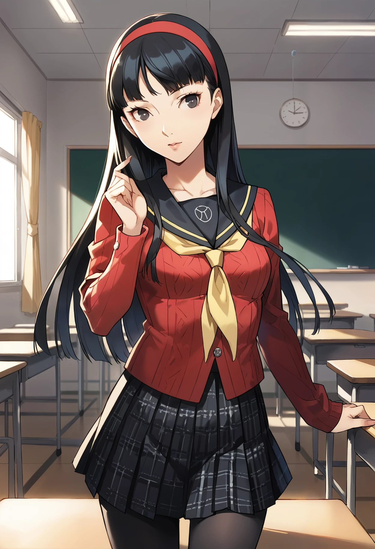 score_9, score_8_up, score_7_up, (source_anime), 1 girl, solo,
Amagi Yukiko, long hair, pleated skirt, black hair, bangs, red cardigan, school uniform, hairband, serafuku, yellow neckerchief, black pantyhose, yasogami school uniform
indoors, classroom, masterpiece, best quality, ultra detailed, absurdres, very aesthetic