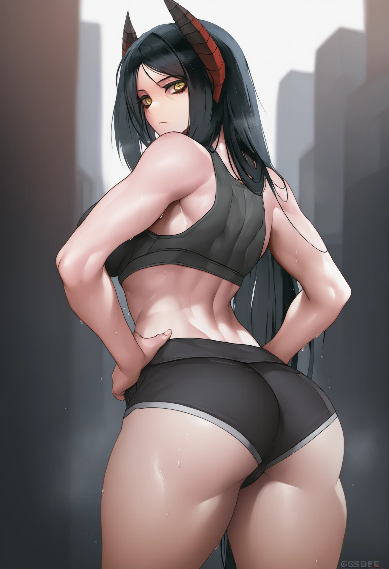 (nephlite:0.6), masterpiece, best quality, from behind, solo, 1girl, in3sdef, sweat, expressionless, looking back, hands on own hips, long hair, black hair, parted bangs, demon horns, yellow eyes, cross-shaped pupils, black sports bra, black shorts, micro shorts, ass, outdoors, day, city street
<segment:yolo-Anzhc Face seg 640 v2 y8n.pt,0.4,0.5//cid=1>