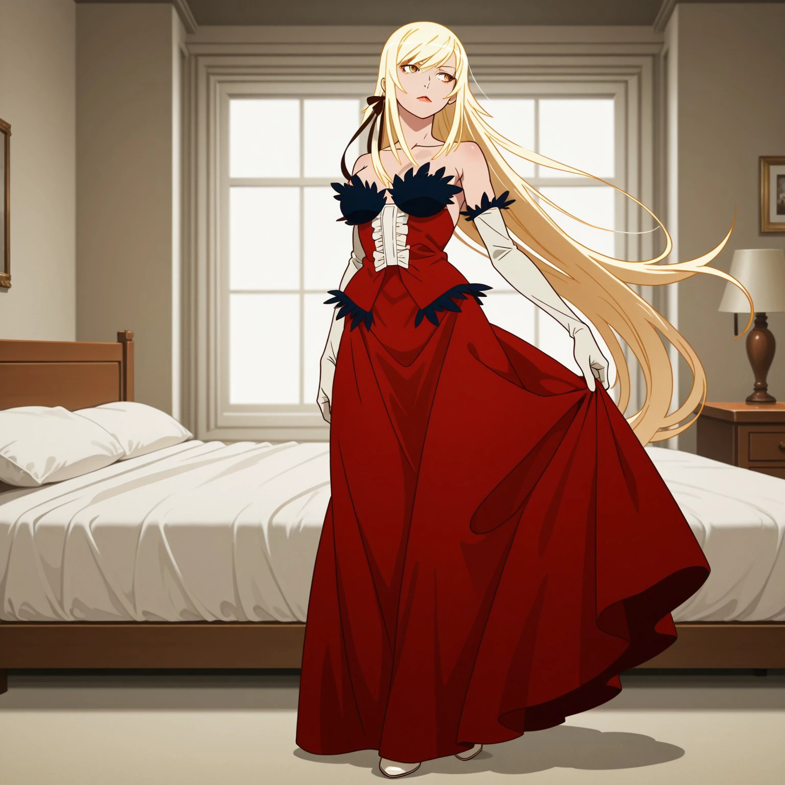 kiss-shot_acerola-orion_heart-under-blade, yellow eyes, long hair, blonde, dress, elbow gloves, gloves, full body, bedroom, red dress, red skirt, long skirt