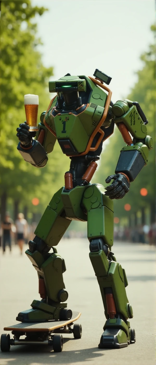 <lora:X4N:0.9> x4n,  full body, a green robot hold a beer is skateboarding in a park