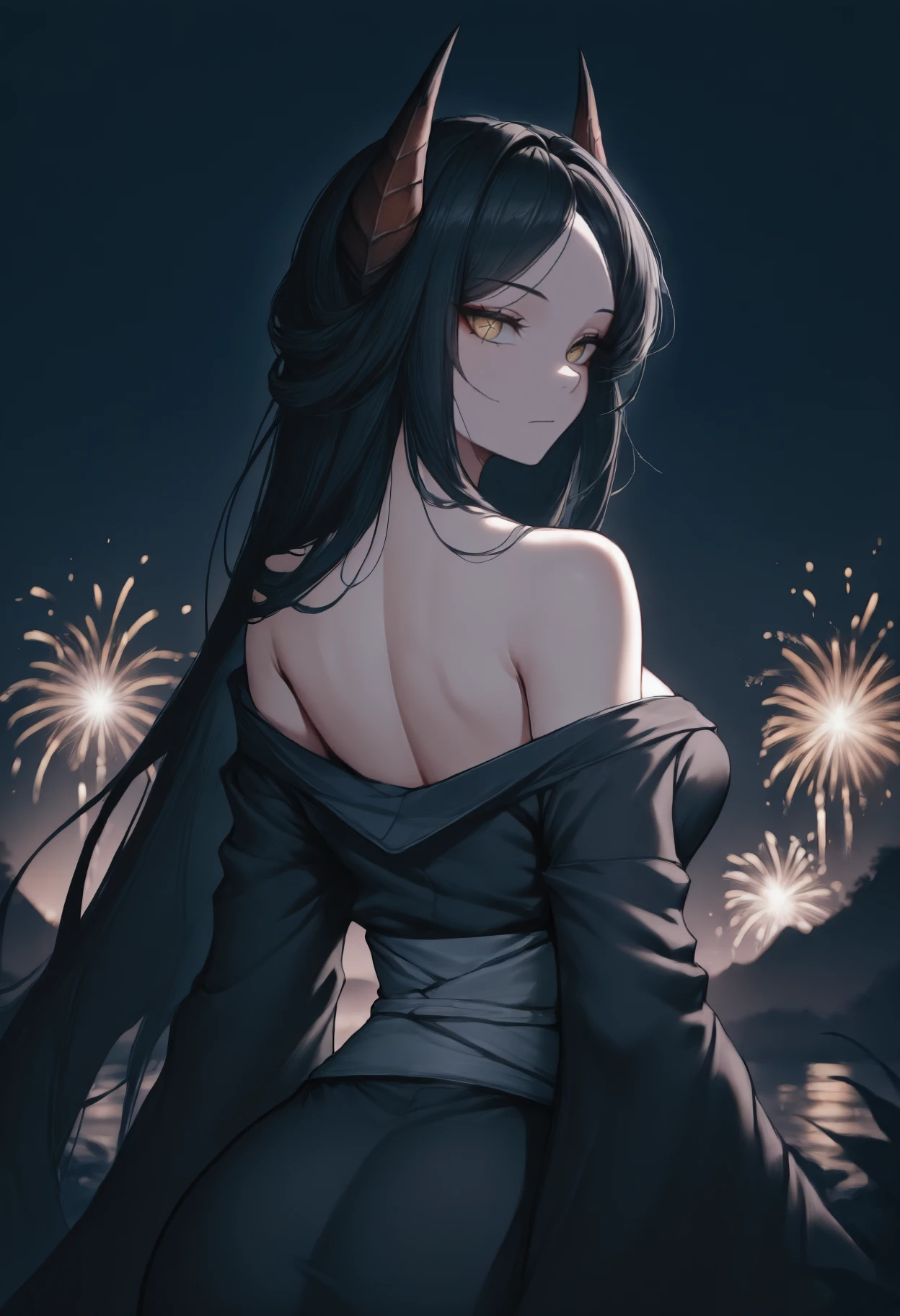 masterpiece, best quality, from behind, solo, 1girl, in3sdef, expressionless, looking back, long hair, black hair, parted bangs, demon horns, yellow eyes, cross-shaped pupils, japanese clothes, black kimono, off shoulder, grey sash, bare shoulders, outdoors, night, fireworks
<segment:yolo-Anzhc Face seg 640 v2 y8n.pt,0.4,0.5//cid=1>