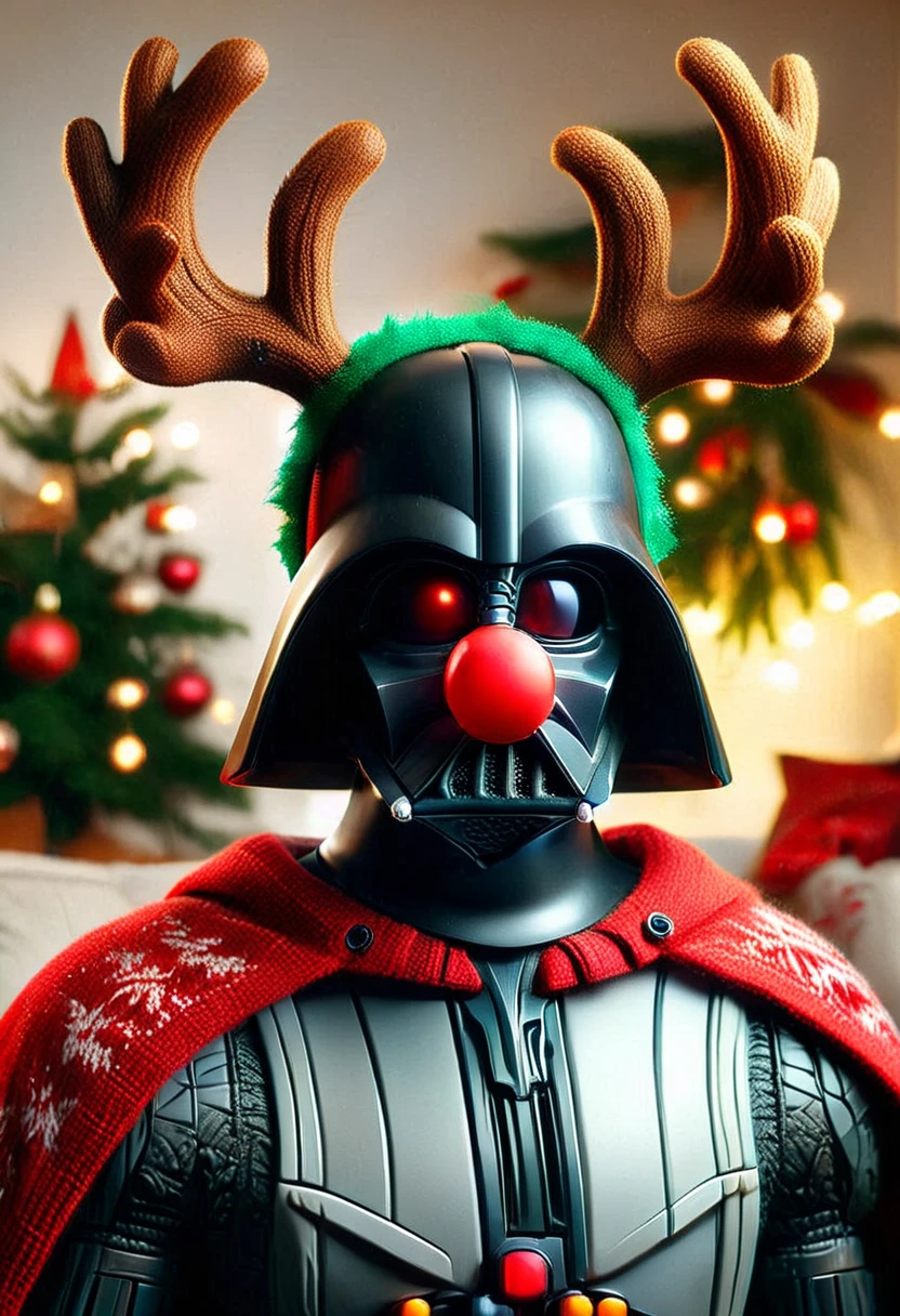 RUD0LPH1, medium full shot of darth vader RUD0LPH1, antlers, glowing (red plastic nose), holding a red lightsaber, wearing a ChristmasSweater sweater, set in a living room, christmas tree, , realistic, raw photo, masterpiece, dynamic, best quality