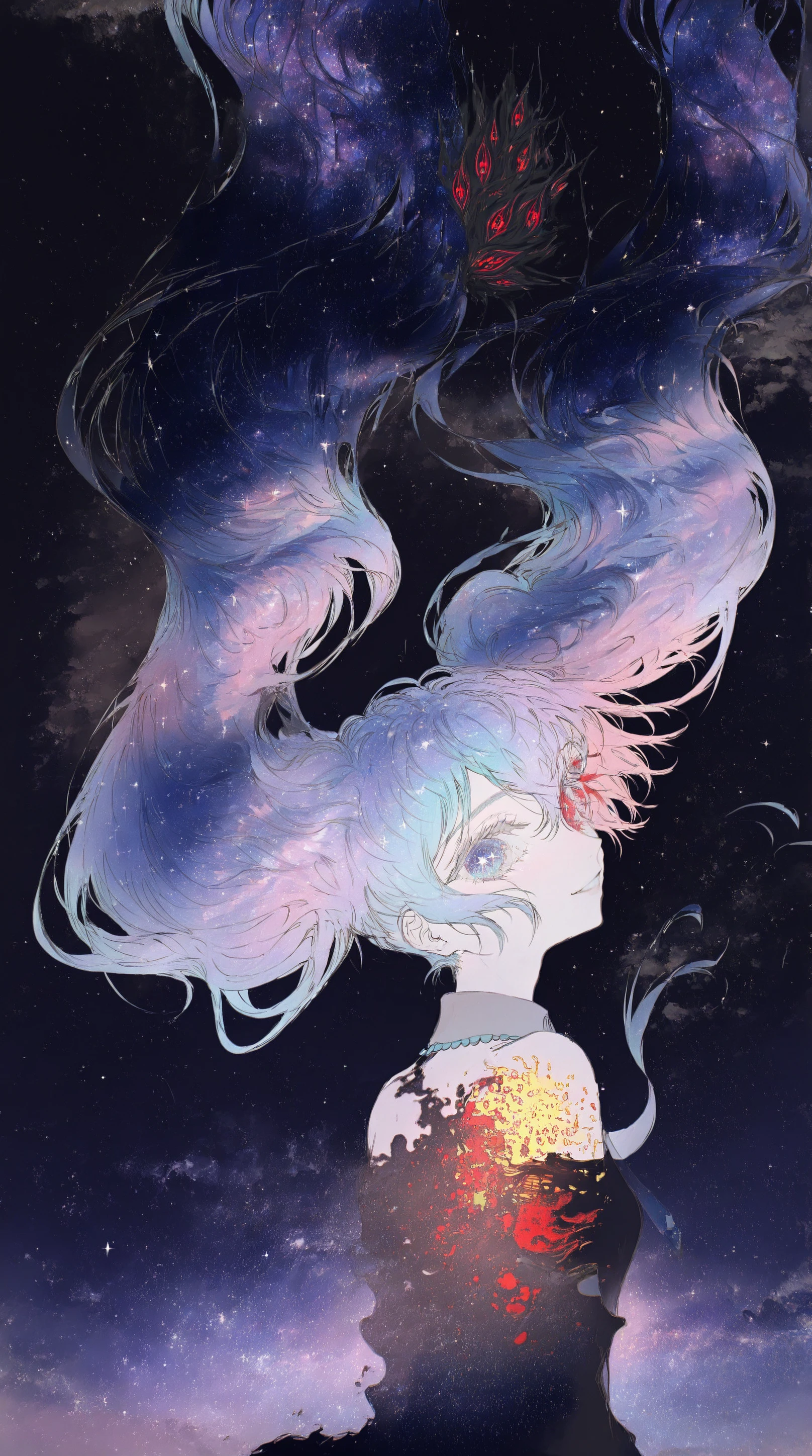 (rsef:0.8),rella,mizumi zumi,yunouou10,58_\(opal_00_58\),roitz \( roitz \),[:lineart,sketch: 15],1girl, hatsune miku, starry sky hair, white pupils, smile, (double exposure, starry sky print, starry sky hair, starry sky eyes:1.35),upper body, iridescent nebula galaxy, collared shirt, (eldrich abomination, red extra eyes in hair,:1.4), puffy hair,blending (pastel colors:1.2)<lora:ill-xl-01-tekito_midori_1:.3> <lora:Artist_style_Rella_-_Illustrious-XL_r1:.25>,night <lora:mon_monmon2133:.8>,(floating long hair,HU1:1.2) <lora:Hair_floating_up-000008:.8>,nude