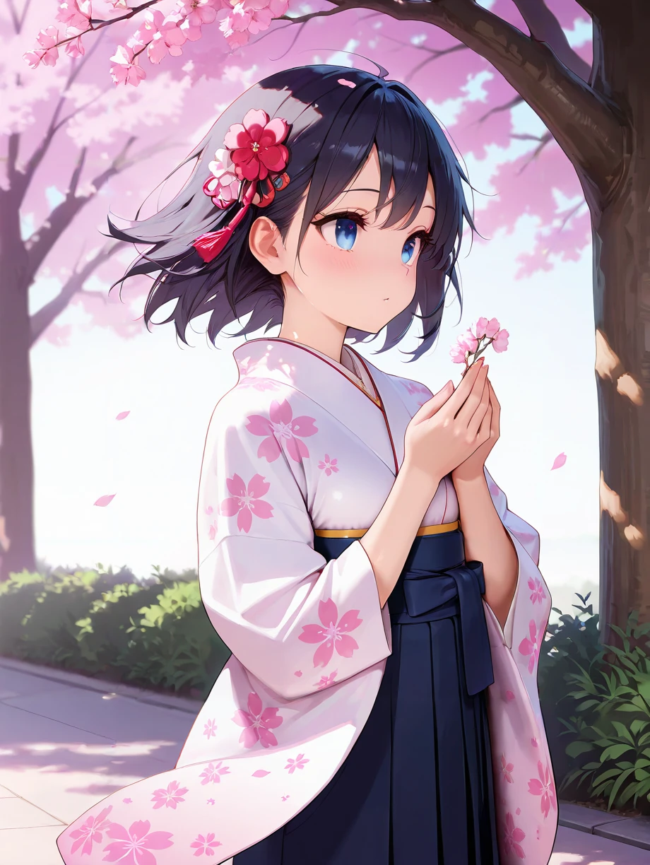 masterpiece,amazing quality,best quality,ultra-detailed,8K,illustration,CG,shiny hair,clear skin,ultra-detailed-eyes,simple background,cute girl, eyelashes <lora:furisode hakama_illustrious_V1.0:0.7> furisode, hakama, floral print, hair ornament,cherry blossom,outdoor,tree,spring,wind,spin,hands up