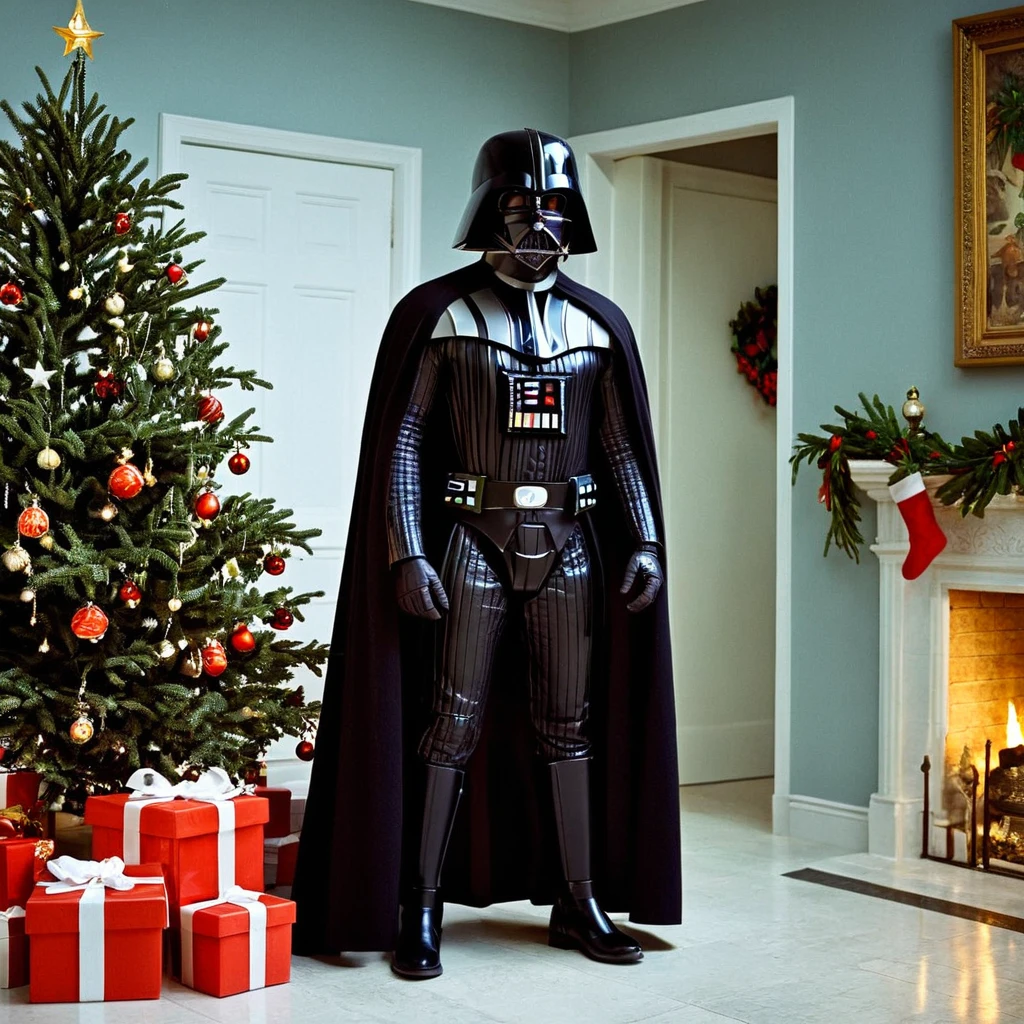 Classicism Art,  <lora:vintage Christmas xl v1:0.9>
In vintage themed Christmas style a darth vader standing in satna hat in a hallway next to a christmas tree, 1960's cinematic style, perfect image, perfect body, perfect anatomy, sharp image, detailed image, Kodak film style, high quality photography, cinematic film color style, vintage themed style, Christmas style, vintage Christmas style, solo, hat, standing, indoors, no humans, box, christmas, red headwear, gift, santa hat, gift box, christmas tree, christmas ornaments, star (symbol), scarf, door, coat, black coat, fireplace, holding, mechanical legs, cup, 1other, cape, armor, warm light, Christmas spirit, full shot, walking to camera, inspired by Roman and Greek culture, clarity, harmonious, classicism art