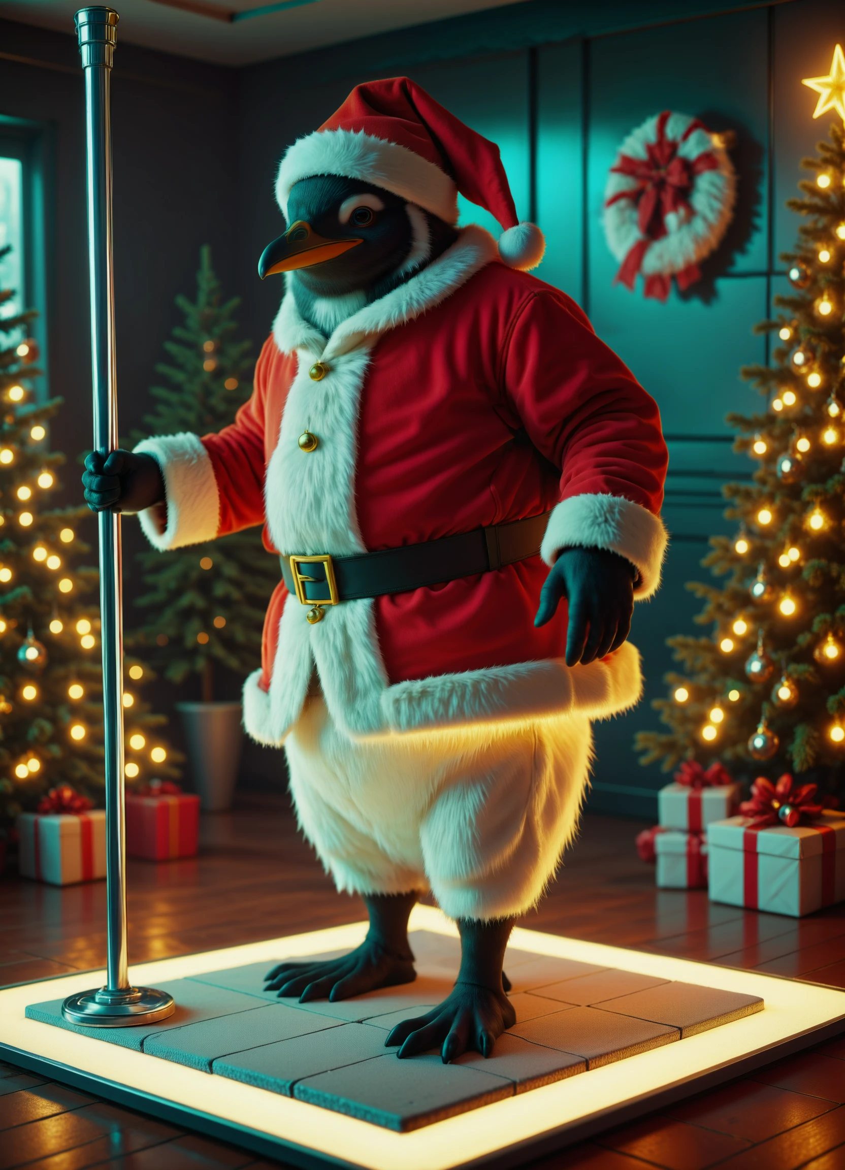 <lora:Santa_Penguin_SDXL:1> s4nt4p3ngu1n, santa hat,santa suit, stripper pole, dancing, solo <lora:envyStarlight_v10:0.8> <lora:add-detail-xl:1> <lora:sss:0.8> subsurface scattering, sss <lora:FuturisticInteriorStyle:0.8> Jed-FutInt, Futuristic