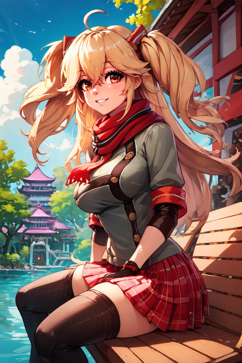 score_9, score_8_up, score_8, medium breasts, (curvy), cute, eyelashes, ,,, , ,,, zzBlucher, red eyes, hair between eyes, ahoge, blonde hair, hair ornament, long hair, twintails, two side up, scarf, gloves, large breasts, red scarf, black gloves, plaid skirt, grey shirt, double-breasted, pleated skirt, black thighhighs, miniskirt, <lora:Blucher_Azurlane_PDXL:1.0>, ,,,, BREAK, sitting on bench, side view, smile, looking at viewer, cowboy shot, ,,, BREAK, pnkBldng, sky, day, cloud, tree, blue sky, building, architecture, east asian architecture, ,,, BREAK, embedding:zPDXL, Expressiveh, ,,, <lora:PinkBuildingsPDXL_v2:0.6>, <lora:SDXLFaeTastic2400:0.5>, <lora:Expressive_H-000001:0.4>