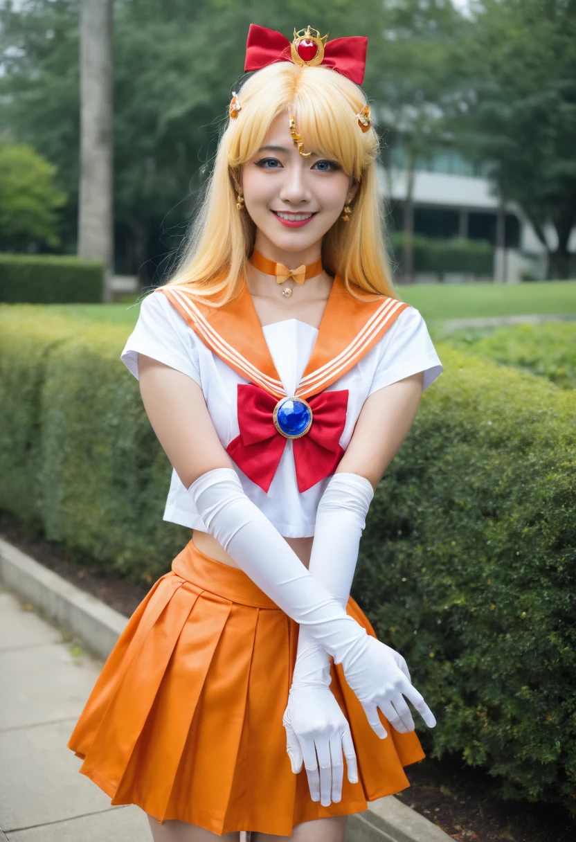 realistic,masterpiece,best quality,absurdres,highres,DSLR,film grain,professional photography,4k photo,
cosplay,cosplay photo,solo,solo focus, photography shot with Canon EOS 5D Mark IV ,asian woman,japanese Idol
1girl,smile, looking at viewer, solo, sailor venus,minako aino,blonde hair,blue eyes,bow,hair bow,half updo,long hair,red bow,tiara,back bow,choker,elbow gloves,gloves,jewelry,magical girl,orange choker,orange sailor collar,orange skirt,sailor collar,sailor senshi uniform,skirt,white gloves,orange footwear, standing,
(skin texture),outdoors,beautiful scenery,
<lora:cosplay photo-noob-V1:0.8>,
<lora:noob-skin texture-V1.1:0.8>