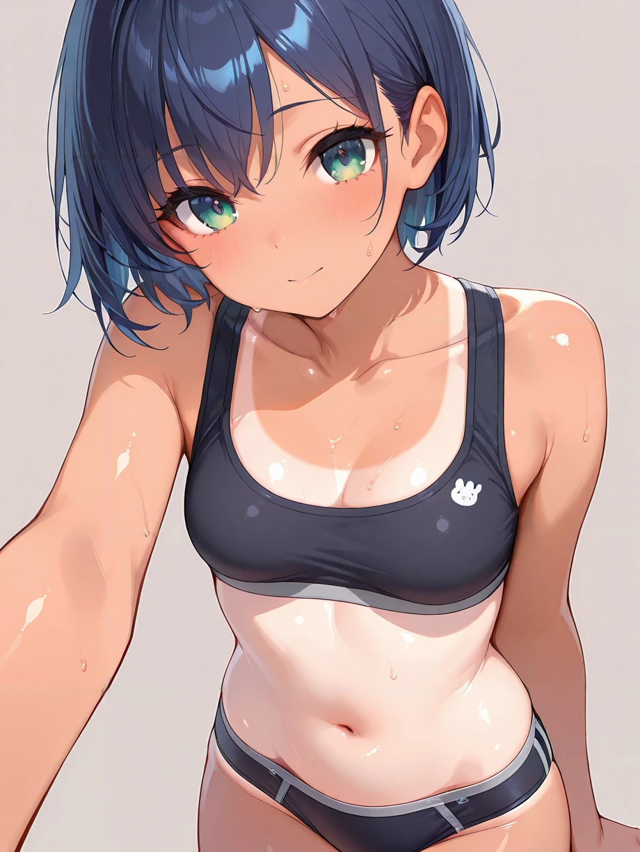 masterpiece,amazing quality,best quality,ultra-detailed,8K,illustration,CG,shiny hair,clear skin,ultra-detailed-eyes,simple background,cute girl, kawaii,eyelashes,(one-piece-tanline:1.2),short hair,blue hair,green eyes,small breasts,muscularity,nude <lora:sport bra_illustrious_V1.0:0.8> sports bra, panties,sweat,