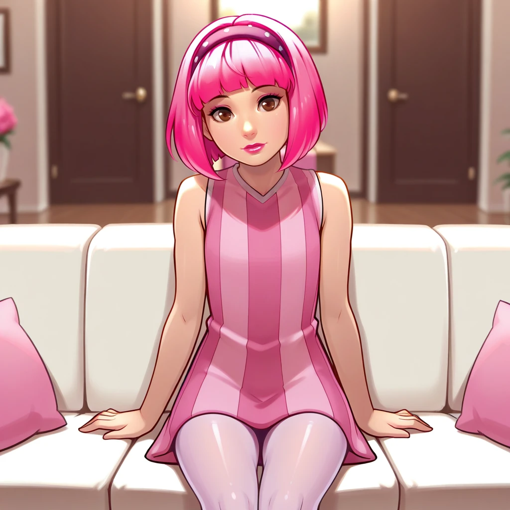 masterpiece, best quality, Stephanie, high quality, 1girl, solo, pink hair, short hair, brown eyes, lipstick, headband, striped dress, sleeveless, pantyhose, cowboy shot, <lora:Stephanie_LazyTown_ClipArt_illustrious_Leaf1:1>, depth of field, indoors, sitting on couch,