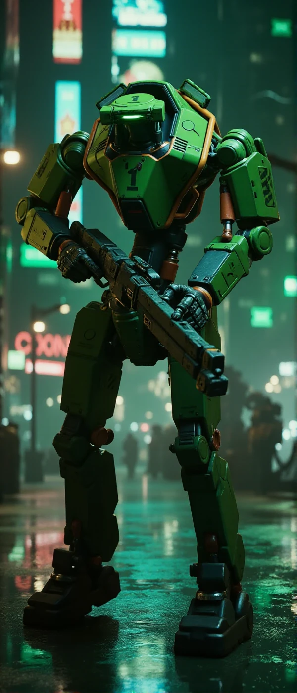 <lora:X4N:0.9> x4n,  a green robot, full body, holds a machinegun in a cyberpunk night city