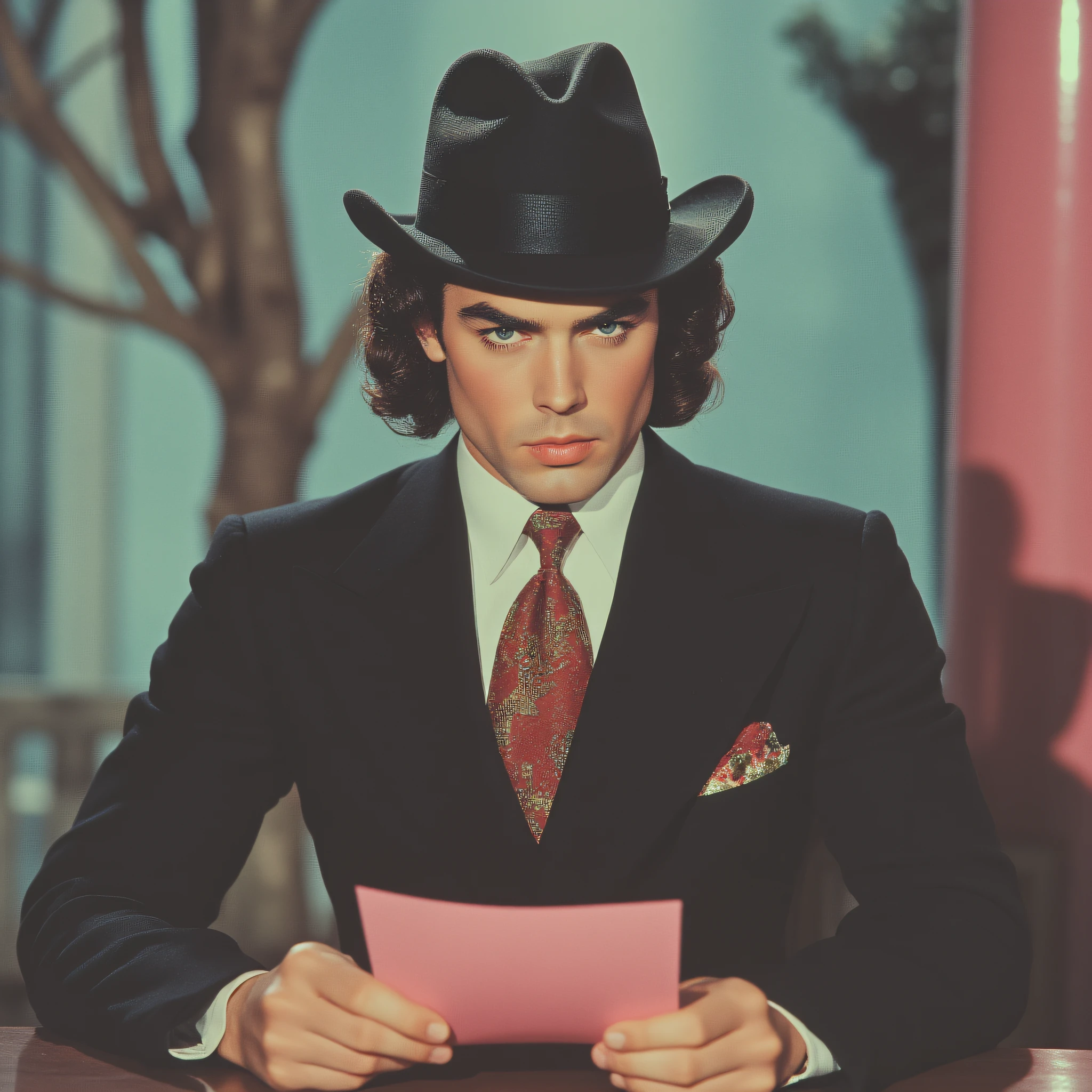 ArsMovieStill, movie still from a technicolor 1940s cyberpunk film, The image shows a man in a suit and hat sitting at a table holding a piece of paper in his hands. In the background there is a tree and a pillar creating a peaceful atmosphere., 1boy, male focus, hat, necktie, solo, formal, black hair, suit, shirt, blurry background