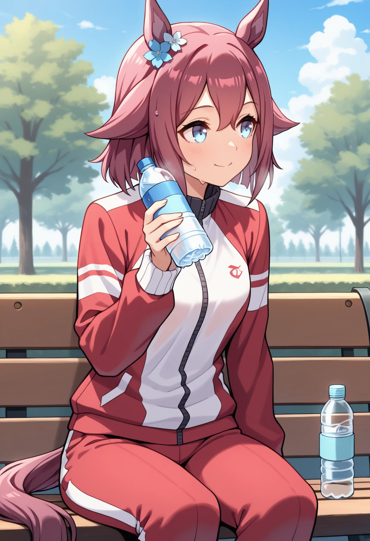 masterpiece, best quality, solo, 1girl, schyndef, horse tail, sweat, smile, looking away, sitting, park bench, holding water bottle, medium hair, pink hair, hair flaps, hair flower, animal ears, blue eyes, track suit, red jacket, track jacket, long sleeves, red pants, outdoors, blue sky, cloud, tree
<segment:yolo-Anzhc Face seg 640 v2 y8n.pt,0.4,0.5//cid=1>