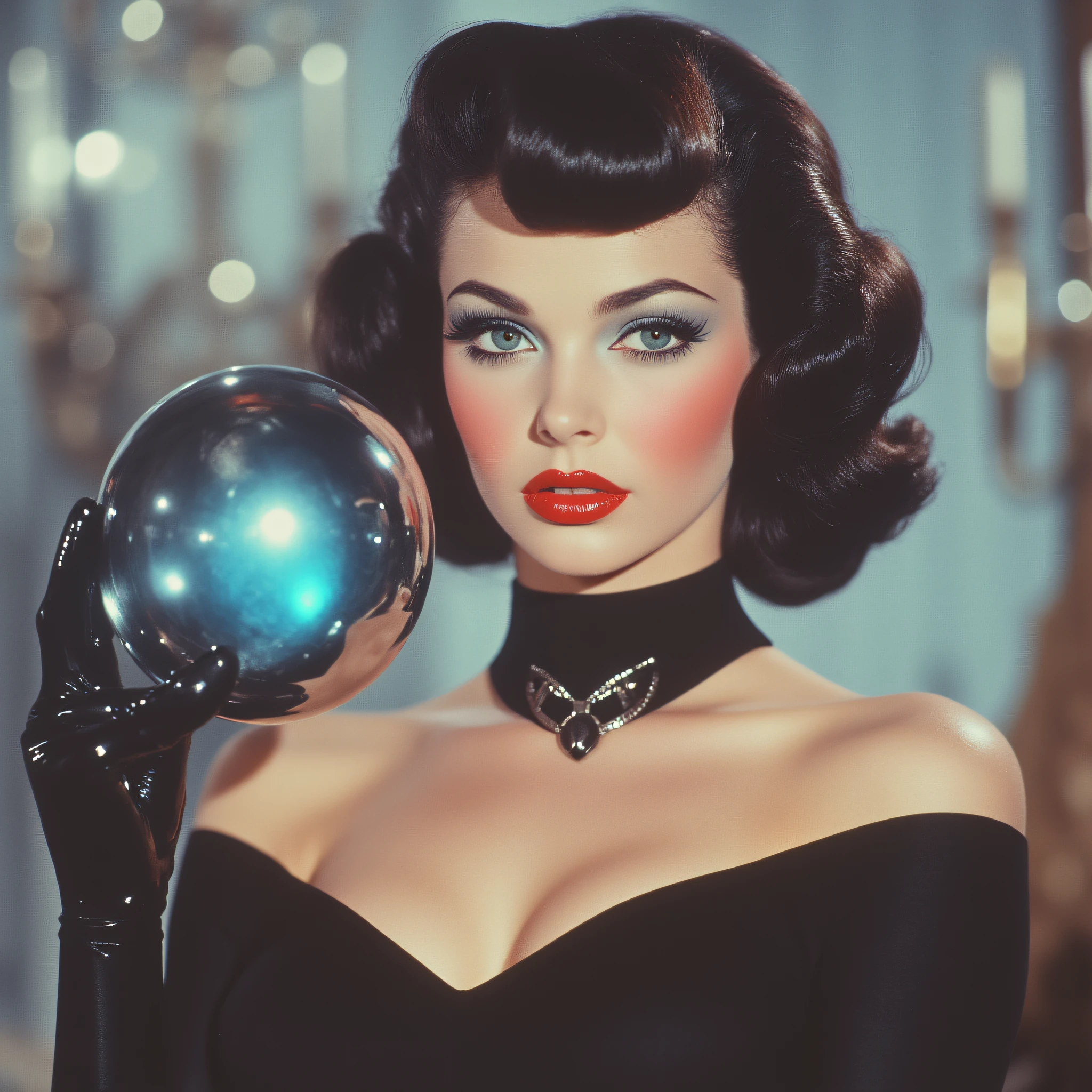 ArsMovieStill, movie still from a technicolor 1940s cyberpunk film, The image shows a woman in a black dress holding a crystal ball with a blurred background., 1girl, black hair, dress, solo, makeup, bare shoulders, blue eyes, red lips, lipstick, breasts