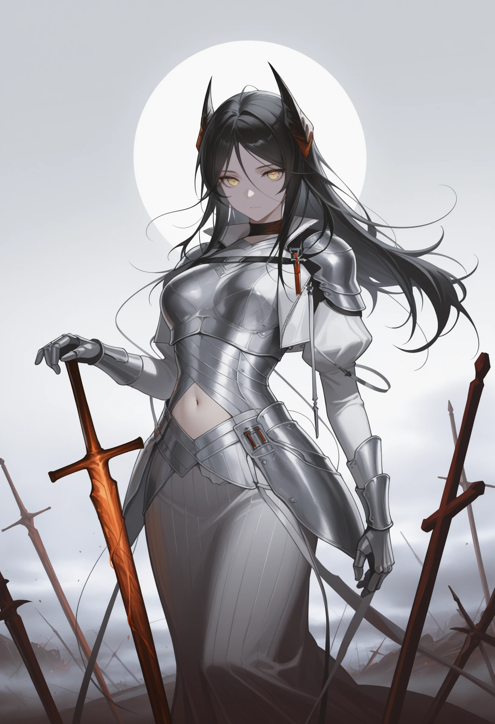 masterpiece, best quality, solo, 1girl, in3sflame, expressionless, looking at viewer, standing, hand on hilt, planted sword, long hair, black hair, hair between eyes, demon horns, yellow eyes, cross-shaped pupils, white jacket, cropped jacket, open jacket, chest strap, juliet sleeves, shoulder armor, breastplate, navel cutout, gauntlets, long skirt, white skirt, abstract background, grey background, battlefield, fog
<segment:yolo-Anzhc Face seg 640 v2 y8n.pt,0.4,0.5//cid=1>