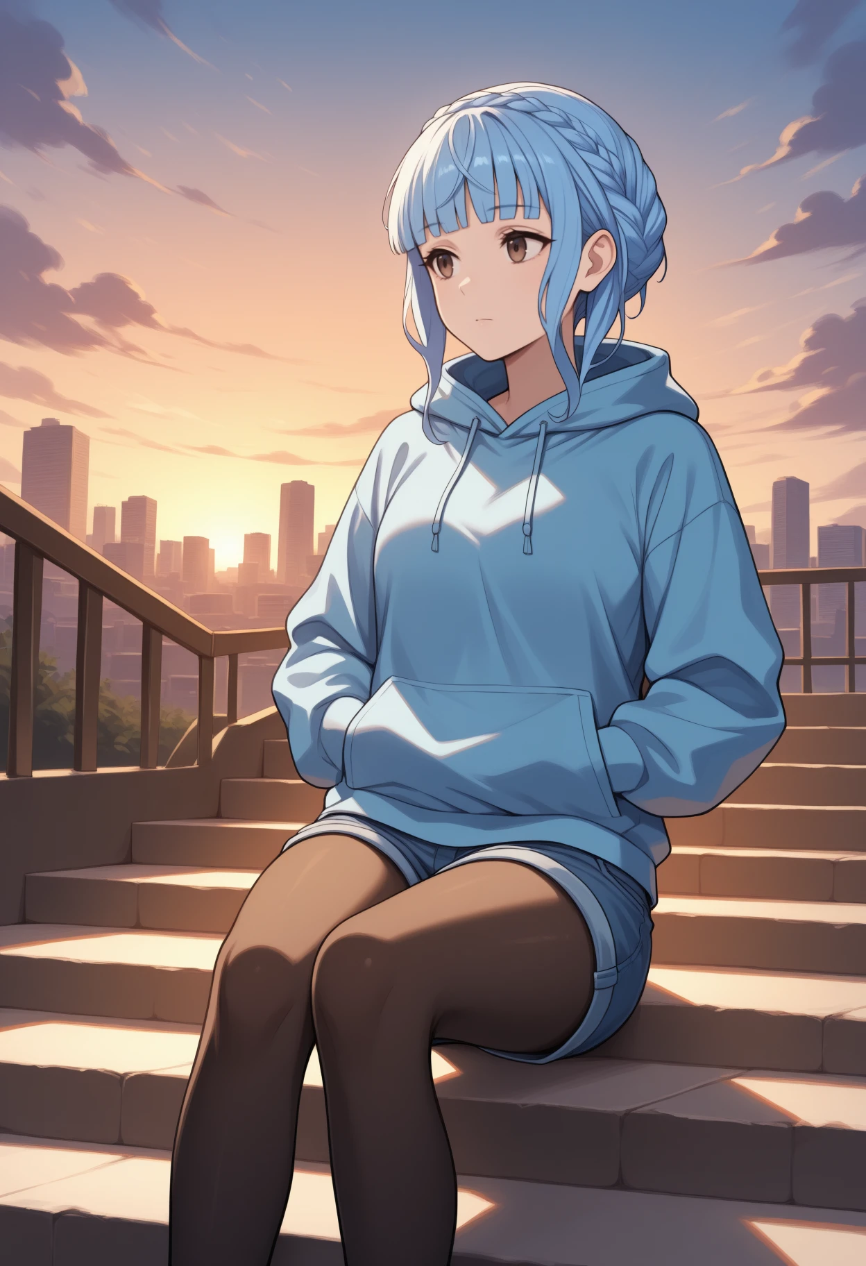 masterpiece, best quality, feet out of frame, solo, 1girl, mrnedef, expressionless, looking away, sitting, on stairs, hands in pockets, short hair, blue hair, sidelocks, blunt bangs, crown braid, brown eyes, blue hoodie, hood down, drawstring, long sleeves, blue shorts, denim shorts, black pantyhose, outdoors, sunset, cloud, cityscape
<segment:yolo-Anzhc Face seg 640 v2 y8n.pt,0.4,0.5//cid=1>