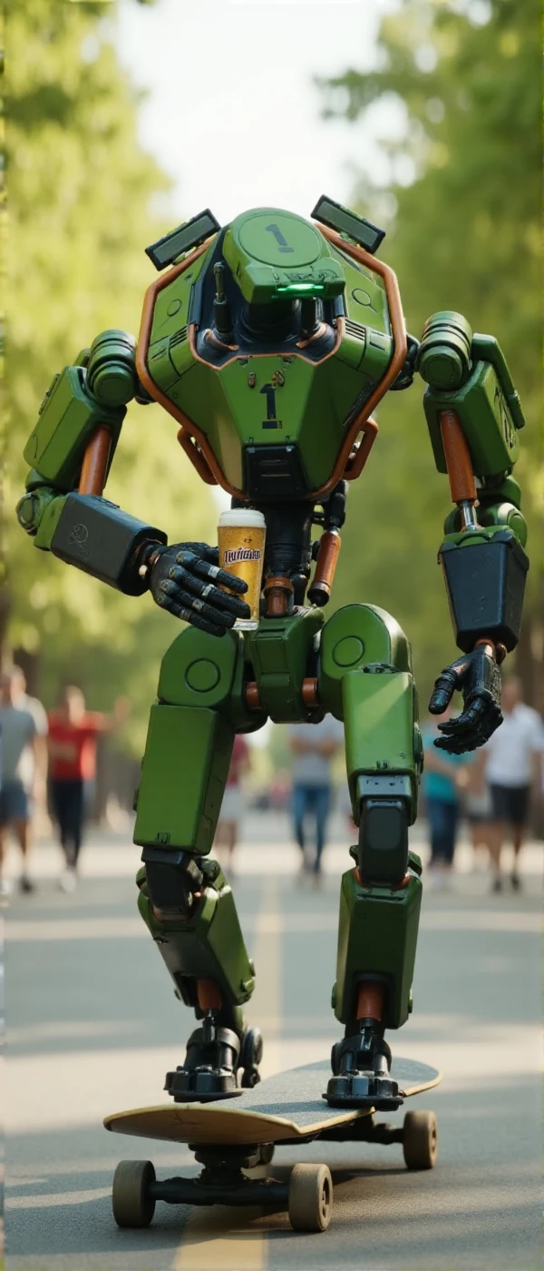 <lora:X4N:0.9> x4n,  full body, a green robot hold a beer is skateboarding in a park