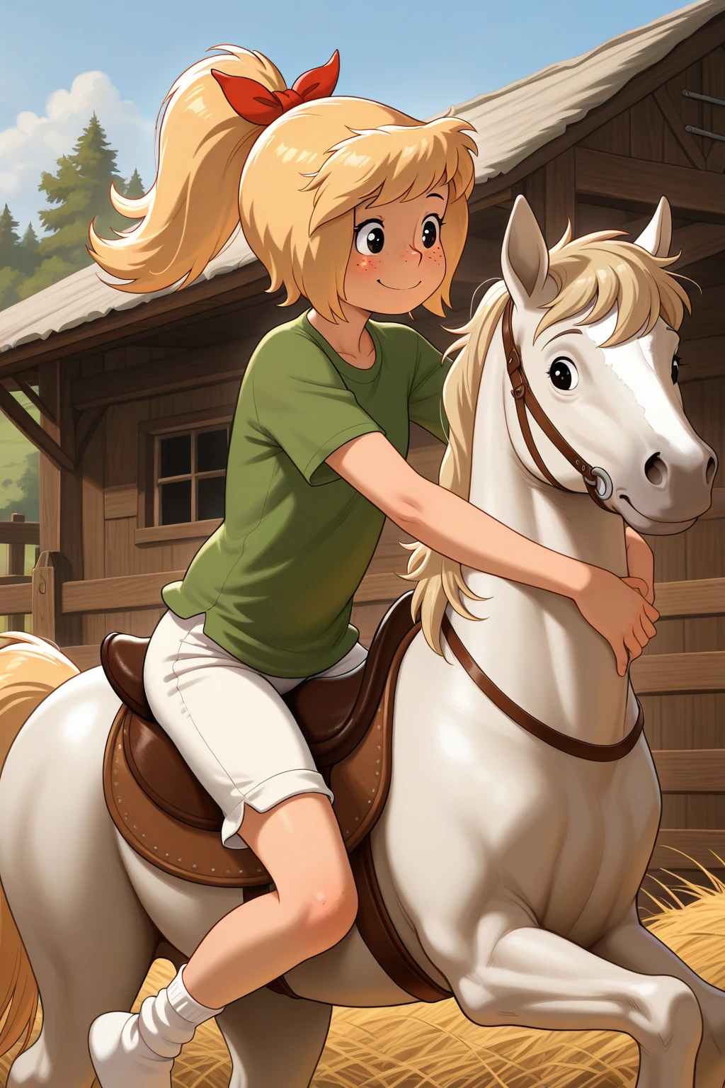 masterpiece, best quality, amazing quality, absurdres, solo, bibi blocksberg, smile, riding horse, blonde hair, red ribbon, freckles, high ponytail, green shirt, white shorts, white socks, outdoors, stable, horse, saddle