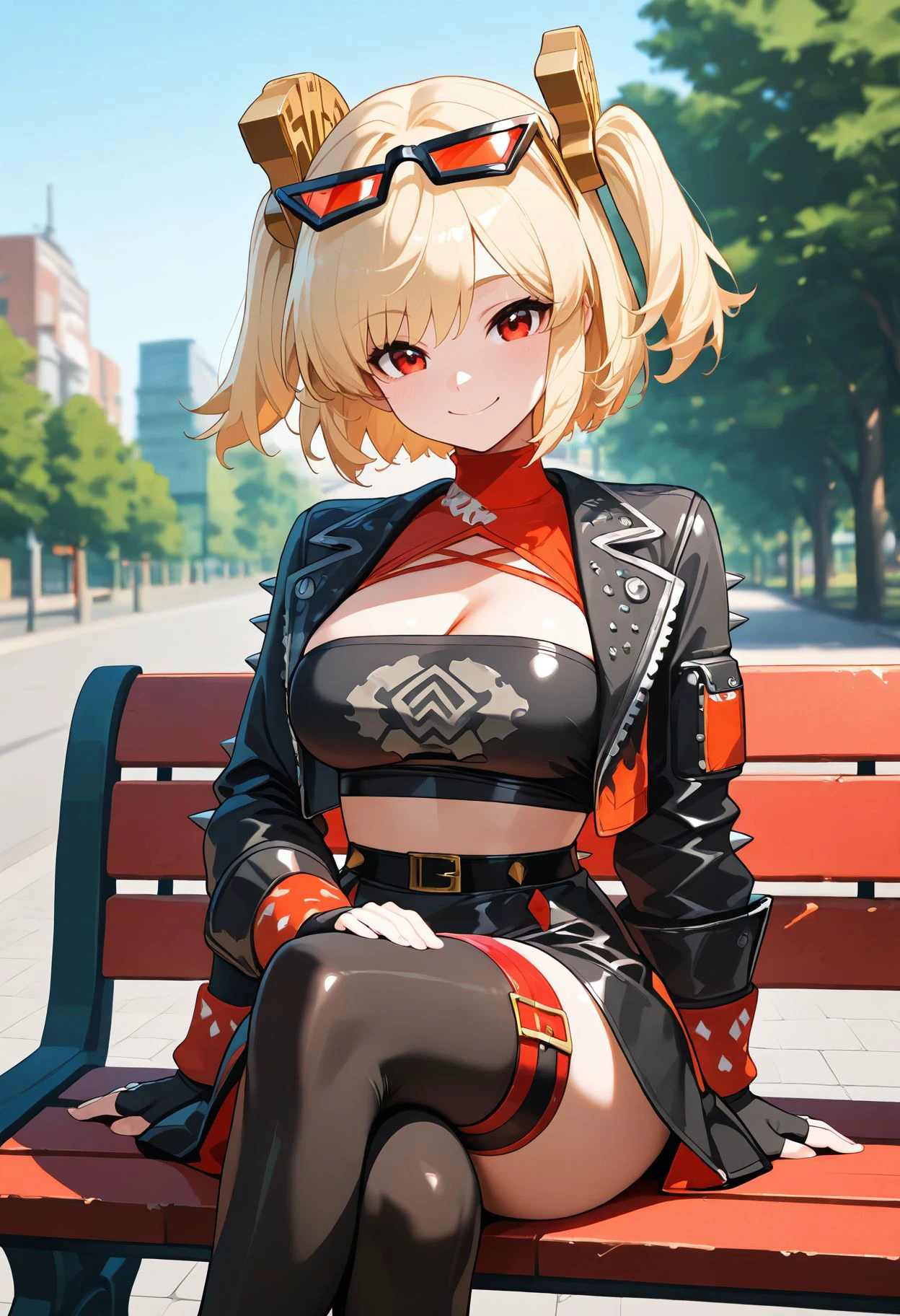 masterpiece,best quality,amazing quality,<lora:burnice_white_zzz_illustrious_goofy:1>  burnicezzz, blonde hair, red eyes,short hair, two side up, hair hair ornament, eyewear on head, 1girl, solo, outdoors, street,cowboy shot, looking at viewer, black jacket, cropped jacket, long sleeves, fingerless gloves, black tube top, , midriff,park,park bench, depth of field, blurry background, black skirt, black thighhighs, red thigh strap, crossed legs, bench, sitting,smile,happy