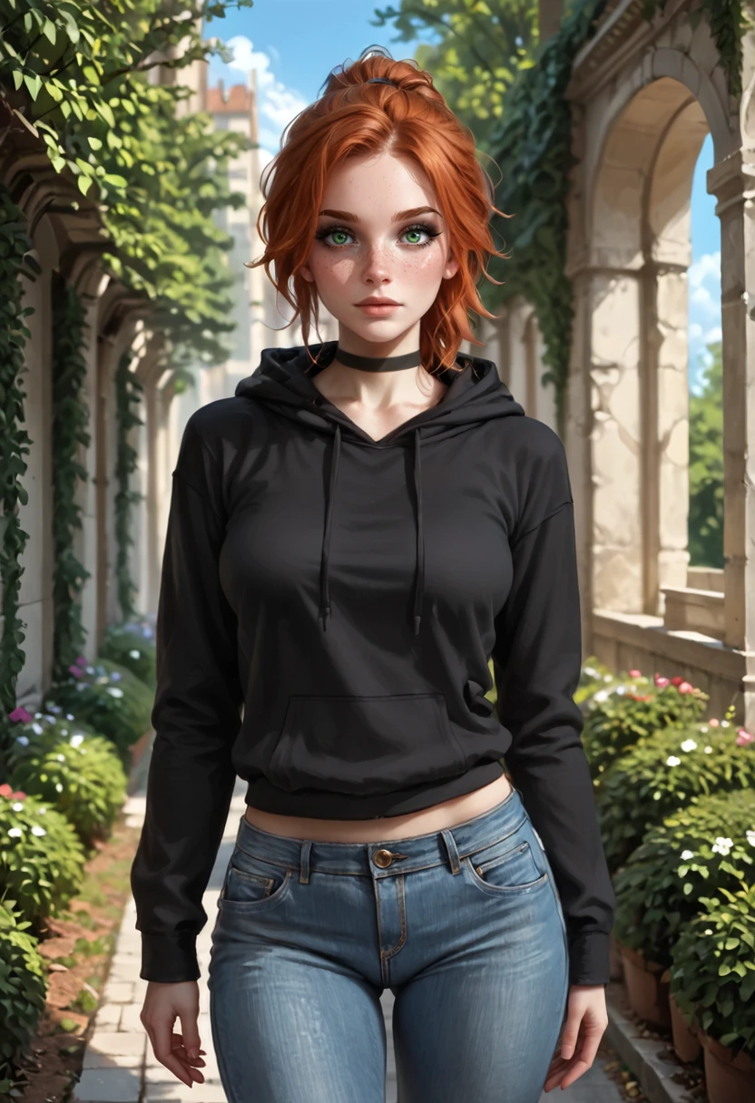 safe_pos, PonyScores7 BREAK [white|Asian], [Susan|Laura|Jane|Nadine], 1girl, 30 year old, fit, woman, short auburn ponytail, freckles, green eyes, black eyeliner, philtrum, beautiful eyelashes, (saggy), medium breasts BREAK walking BREAK relaxed, Expressiveh BREAK black choker, hoodie, jeans BREAK garden, sundown BREAK photorealistic, realistic, portrait, intricate details, detailed face, detailed eyes, realistic skin, detailed hair, natural lighting BREAK CalmFD, Stable_Yogis_PDXL_Positives, <lora:abs slider_last:0.1>, <lora:breasts_size_slider_pdxl_goofy:1>, <lora:Calmlike_V3:1>, <lora:Expressive_H:0.75>, <lora:Super_Multi_Detailer_By_Stable_Yogi_A1:0.8>, <lora:Super_Skin_Detailer_By_Stable_Yogi_PD0_V1:0.8>