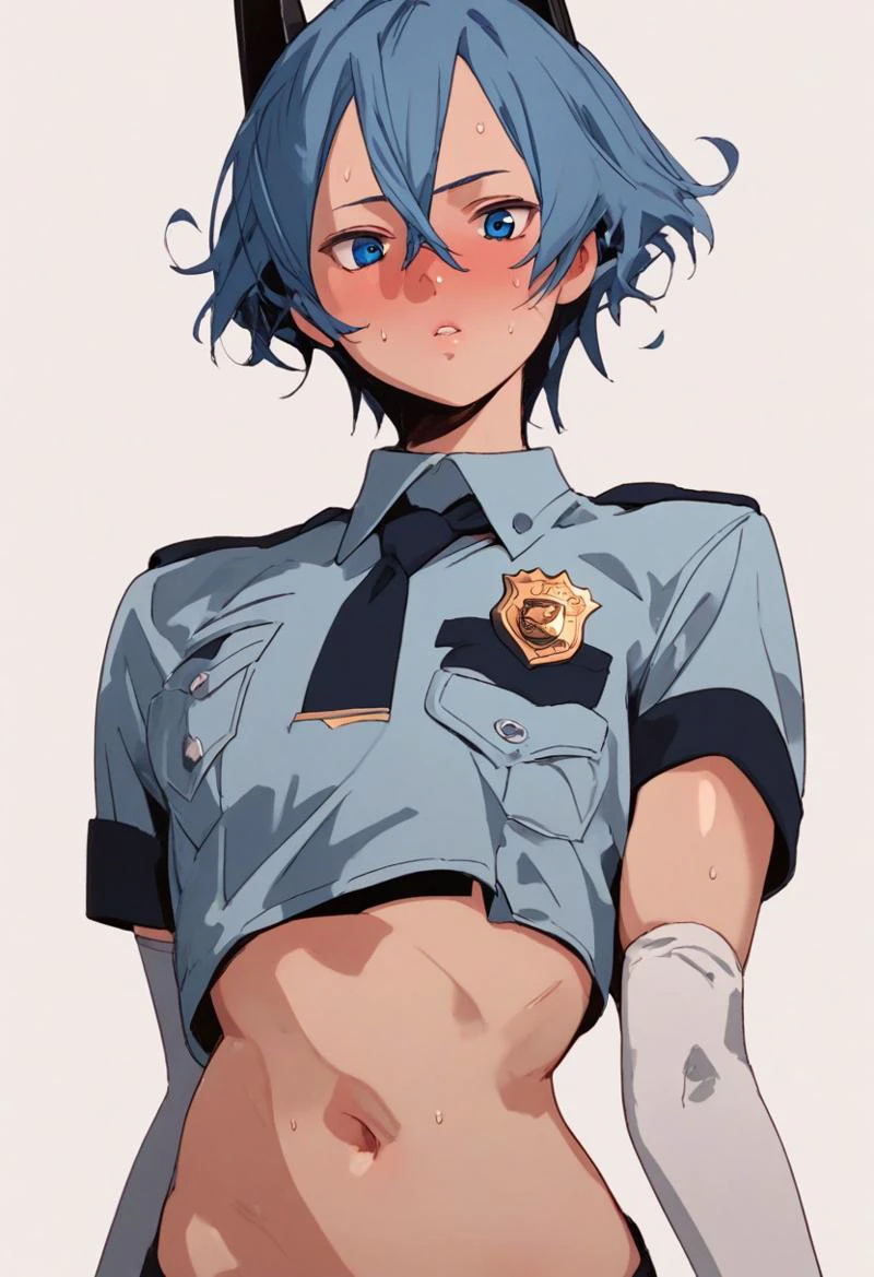 score_9, score_8_up, score_7_up, score_6_up, score_5_up, score_4_up, police uniform,
parted lips, sweat, white gloves, blue hair, looking at viewer, blush, white background, simple background, short hair, portrait, upper body, hair between eyes, covered navel, 1girl, elbow gloves, solo, blue eyes, headgear,