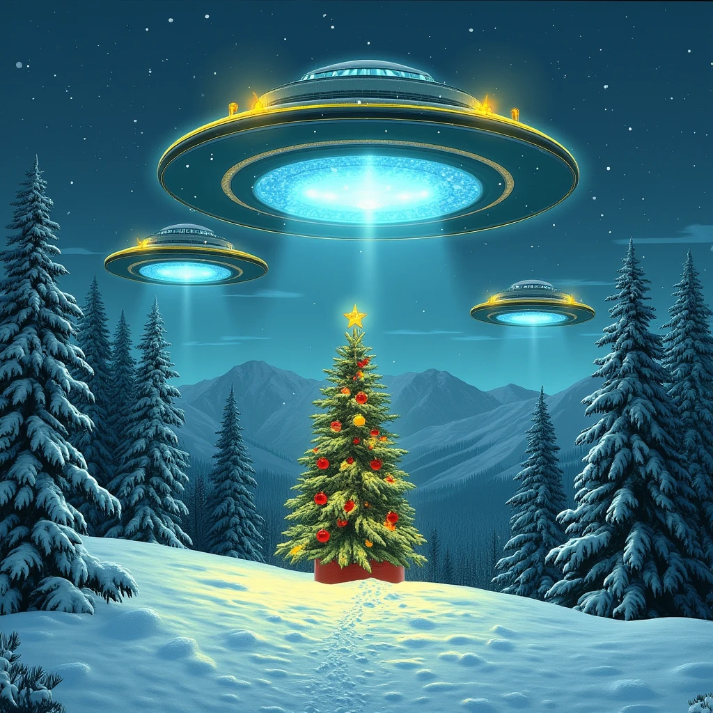 1920s commercial illustration of  <lora:vintage Christmas style v2:0.9>
In vintage themed Christmas style a group of alien ufo flying saucers over a snowy forest with Christmas tree in middle, 1960's cinematic style, perfect image, perfect body, perfect anatomy, sharp image, detailed image, Kodak film style, high quality photography, cinematic film color style, vintage themed style, Christmas style, vintage Christmas style, outdoors, sky, cloud, tree, no humans, night, scenery, snow, christmas tree, christmas ornaments, pine tree, cloudy sky, nature, bare tree, glowing, fantasy, floating, mountain, winter, floating object, star (sky), christmas, from below, glowing blue light, magazine cover illustration from the 1920's, exaggerated realism, a hint of caricature