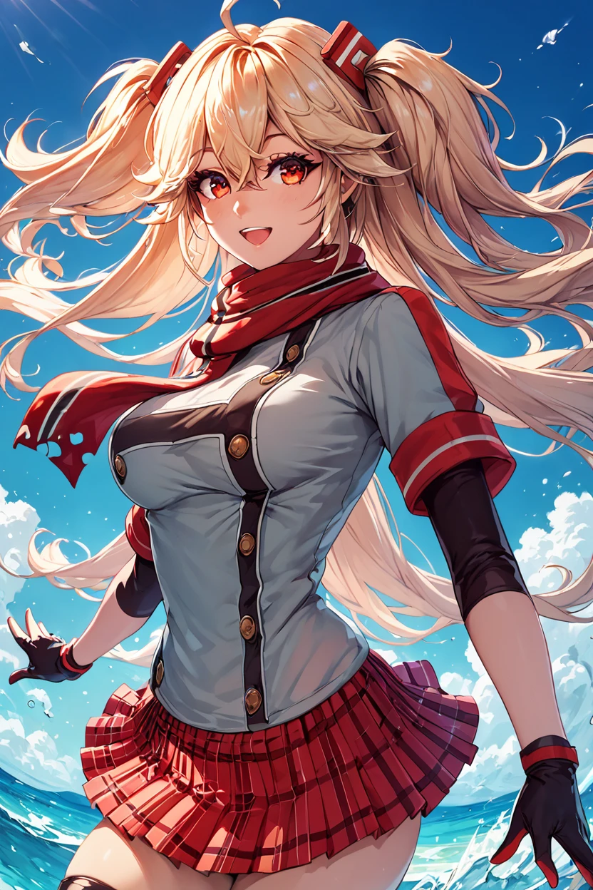 score_9, score_8_up, score_8, medium breasts, (curvy), cute, eyelashes, ,,, , ,,, zzBlucher, red eyes, hair between eyes, ahoge, blonde hair, hair ornament, long hair, twintails, two side up, scarf, gloves, large breasts, red scarf, black gloves, plaid skirt, grey shirt, double-breasted, pleated skirt, black thighhighs, miniskirt, <lora:Blucher_Azurlane_PDXL:1.0>, ,,,, BREAK, <lora:Hyperdriver_PDXL_v5:0.8>, ,,, BREAK, smile, looking at viewer, cowboy shot, embedding:zPDXL,